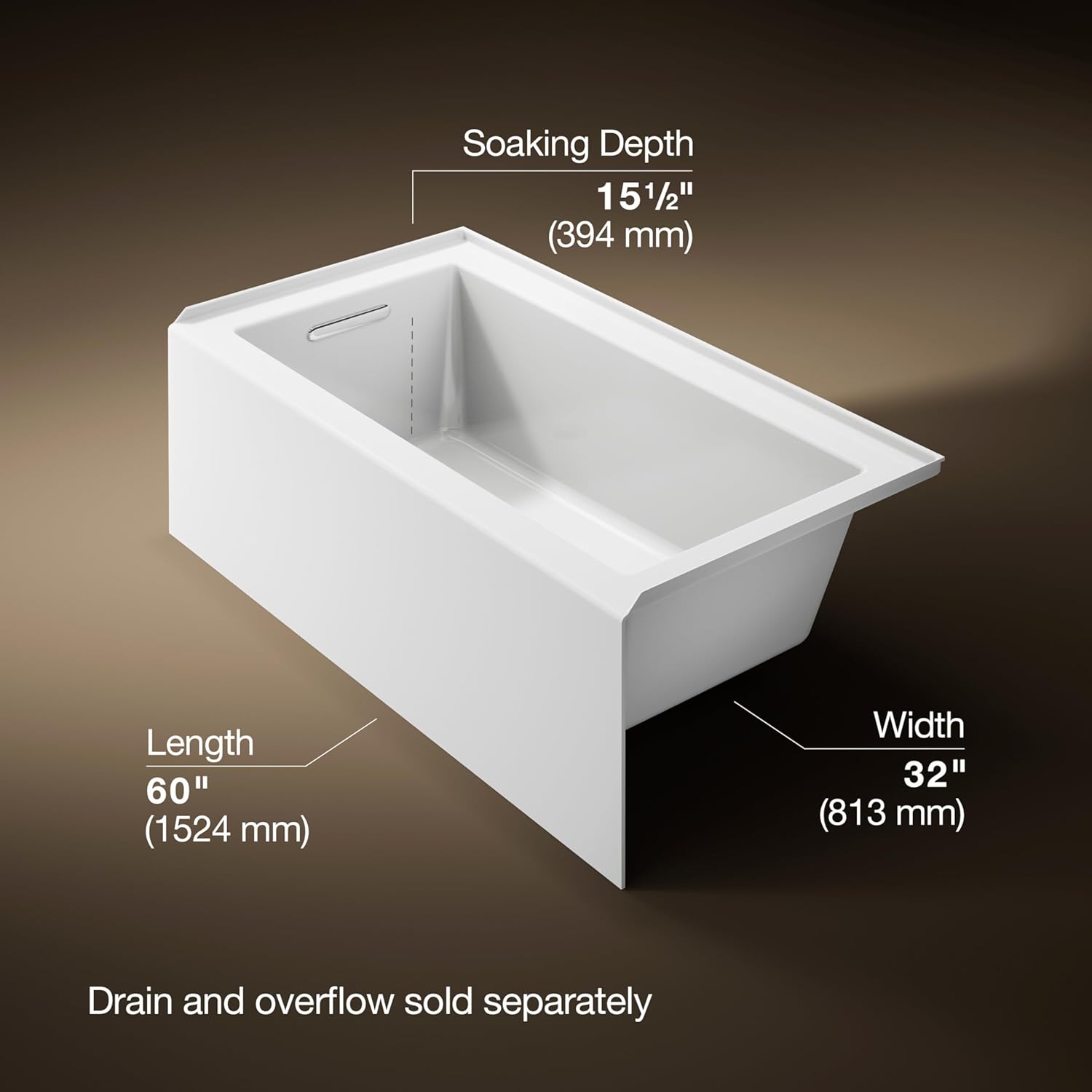 Kohler K-20202-LA Underscore 60" Soaking Bathtub for Three Wall Alcove Installation with Left Drain and 68 Gallon Water Capacity - White