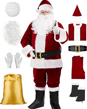 Santa Claus Costume Adult 9PCS, Mens Deluxe Plush Santa Suit Christmas Santa Costume for Men Santa Outfit Set