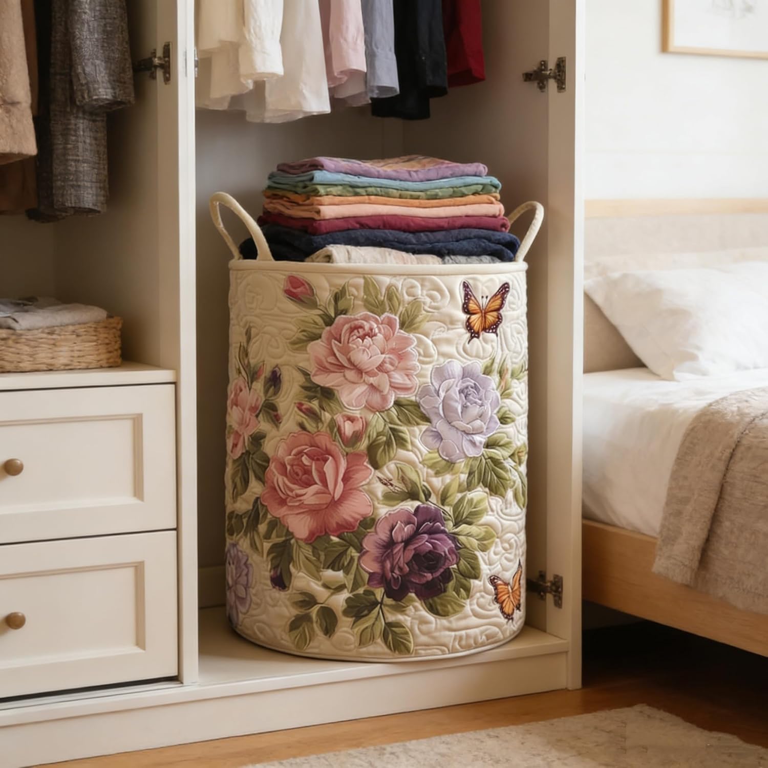 Aiorrax Quilted Laundry Basket with Handles, Boho Floral Fabric Storage Hamper, Large Soft Quilted Laundry Basket for Nursery, Bedroom, Laundry Room,Clothes & Toys (B, L)