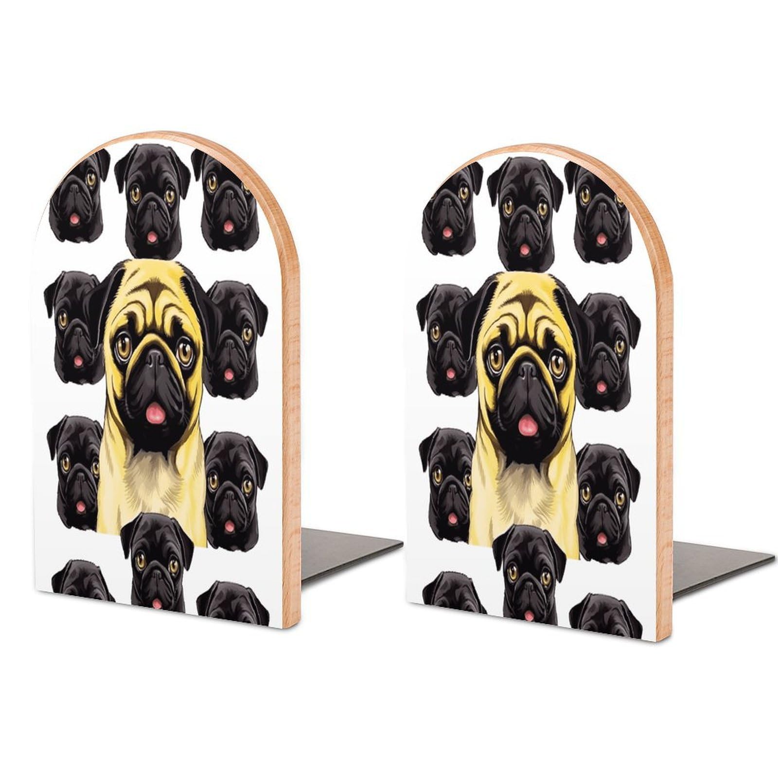 Black Yellow Pug Bookends for Shelves Non Skid Book Stoppers Universal Economy Bookend Heavy Duty Wood Book End Decorative Book Shelf Holder for Home Office Desk 1 Pair