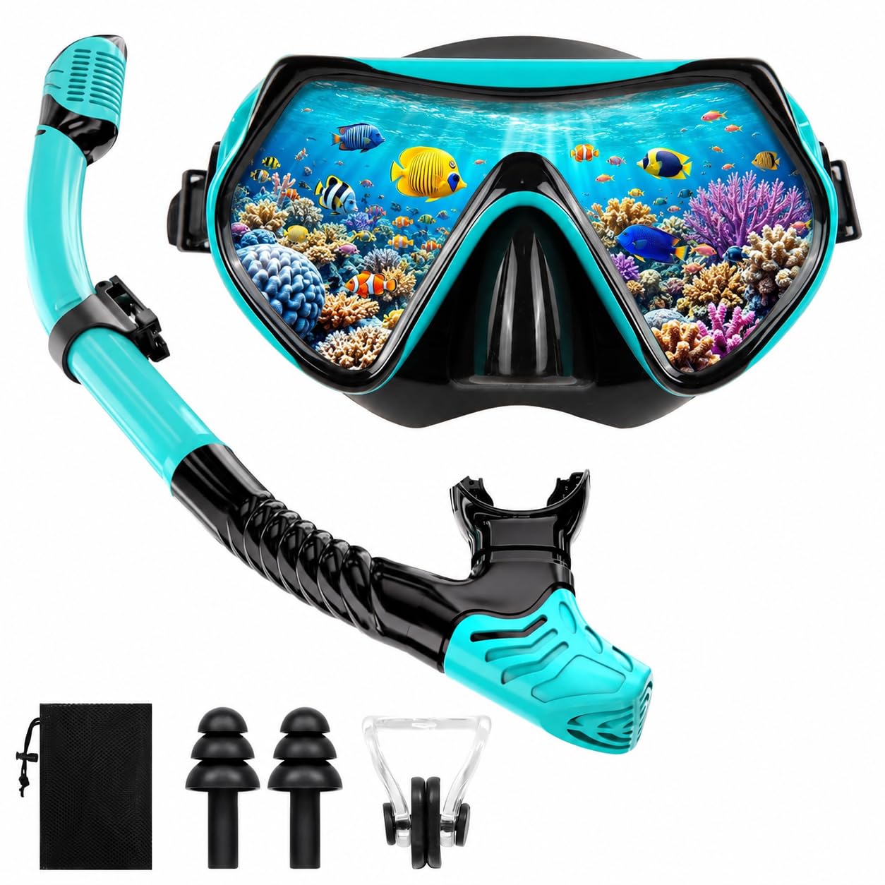 Adult Snorkelling Set with Dry Top Snorkel, Anti-Fog Tempered Glass Mask