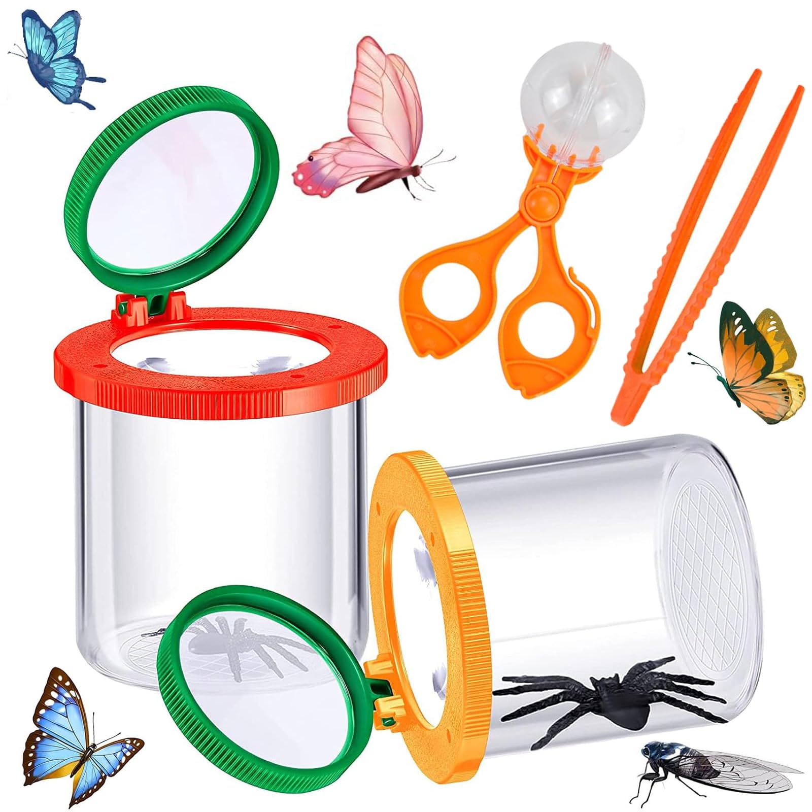 2 bicchieri di lente d'ingrandimento per bambini con pinzette e raccoglitore per insetti, set di lenti d'ingrandimento per bambini, lente d'ingrandimento, per osservare insetti o foglie (rosso,