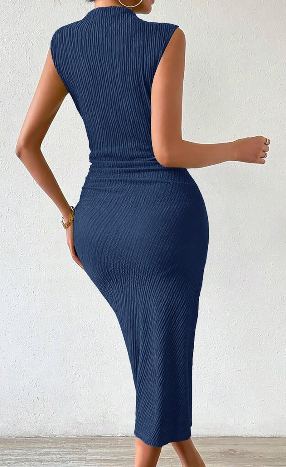 MITILLY Women Summer Formal Wedding Guest Dress Elegant High Neck Sleeveless Ruched Bodycon Midi Dress with Side Slit - Image 3