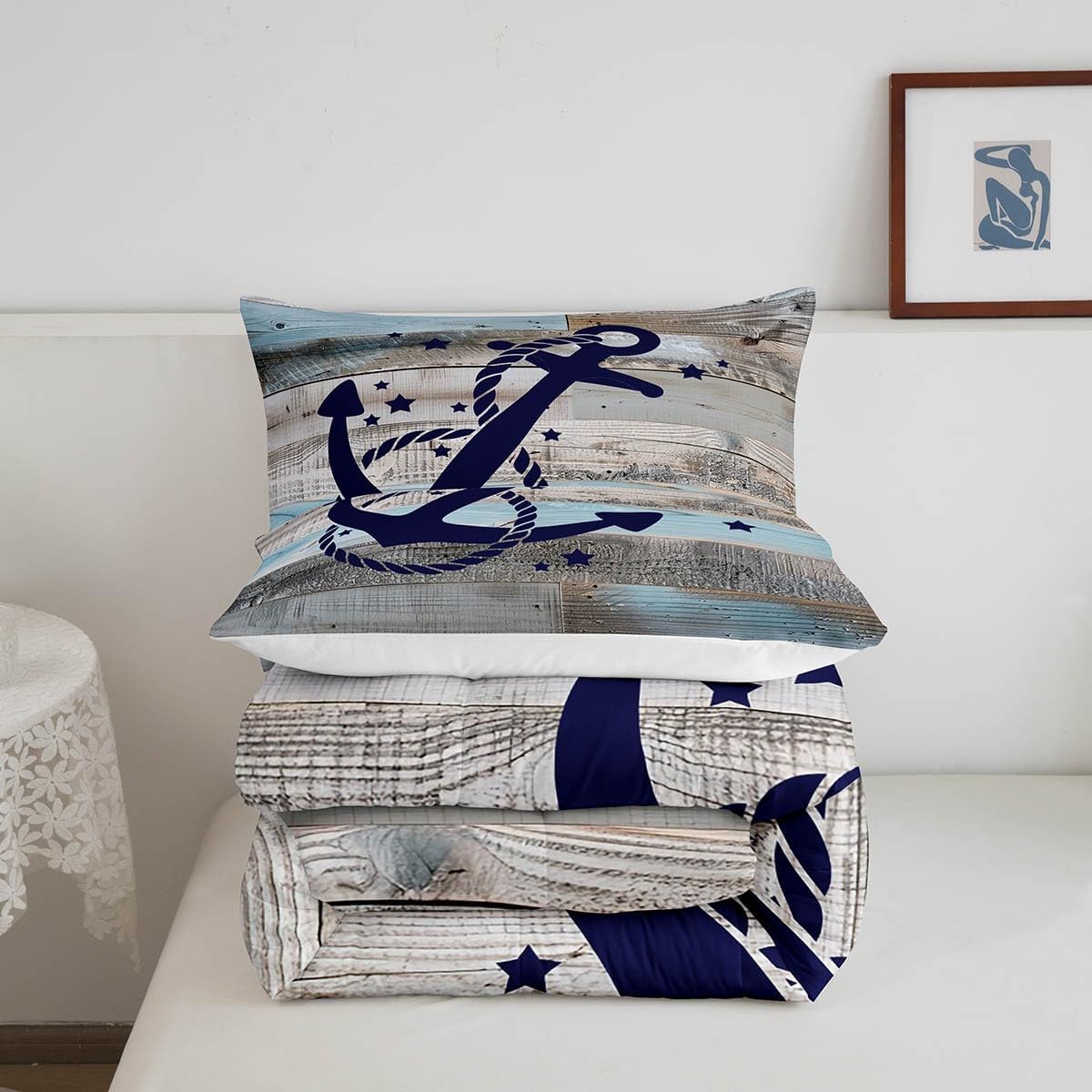 Coastal Nautical Bedding Sets Queen Navy Blue Anchor Comforter Set for Kids Boys Teen Rustic Farmhouse Wooden Board Comforter Retro Ocean Sailing Boat Quilt Duvet with 2 Pillow Cases Retro Grey