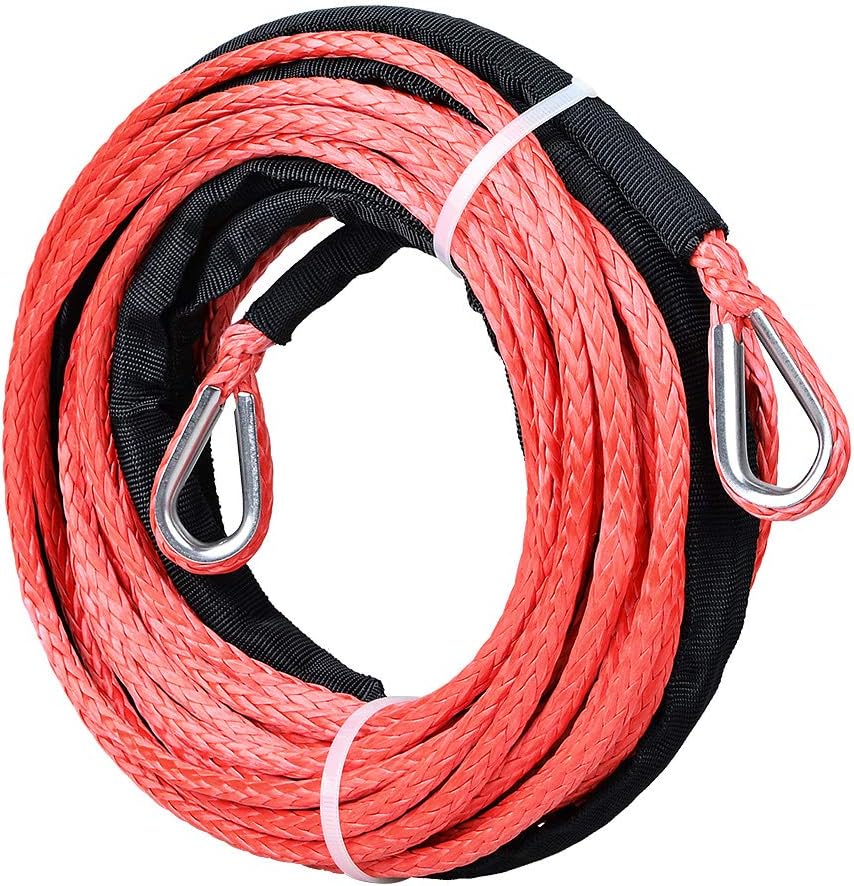 2pcs 50ft 1/4" Red UHMWMPE Synthetic Rope Extension with 39" Rock Guard Thimbles 7500lbs for ATV UTV Tow Truck 4WD 4x4 Snow Plow