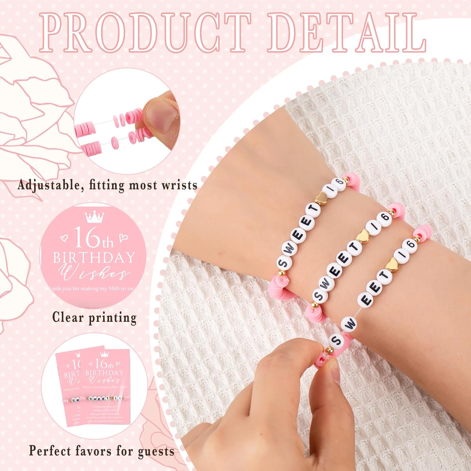 Tondiamo 25 Sets Sweet 16 Birthday Gift for Guests Pink Sweet 16th Polymer Clay Beaded and Heart Bead Stretch Bracelets with Wish Cards 16 Years Birthday Party Favor for Friends Guests - Image 3