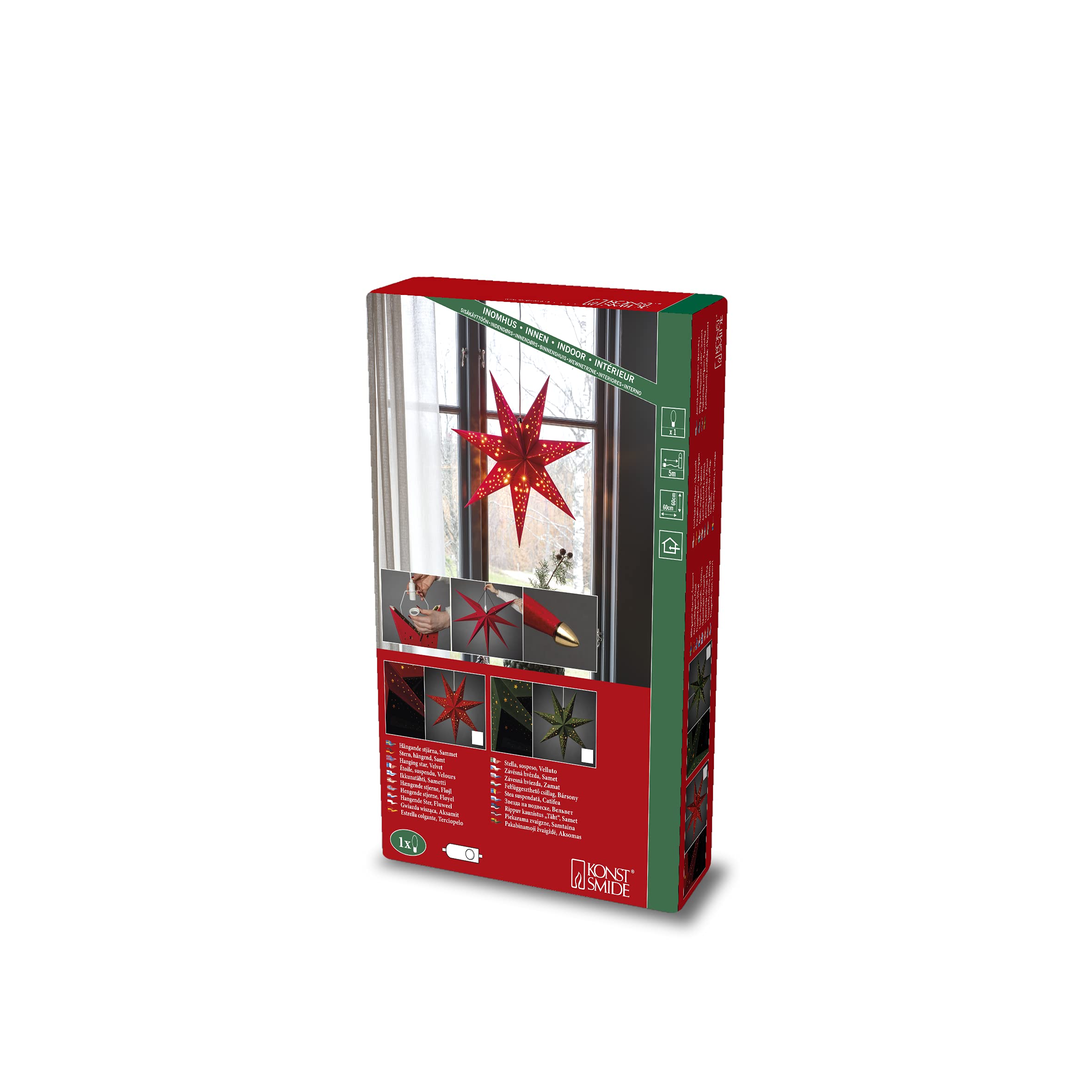 Konstsmide7 Point Hanging Paper Star : Velvet Finish : Plug-in Cord & Bulb : 60cm : Red with Gold Inside : 5950-550EE