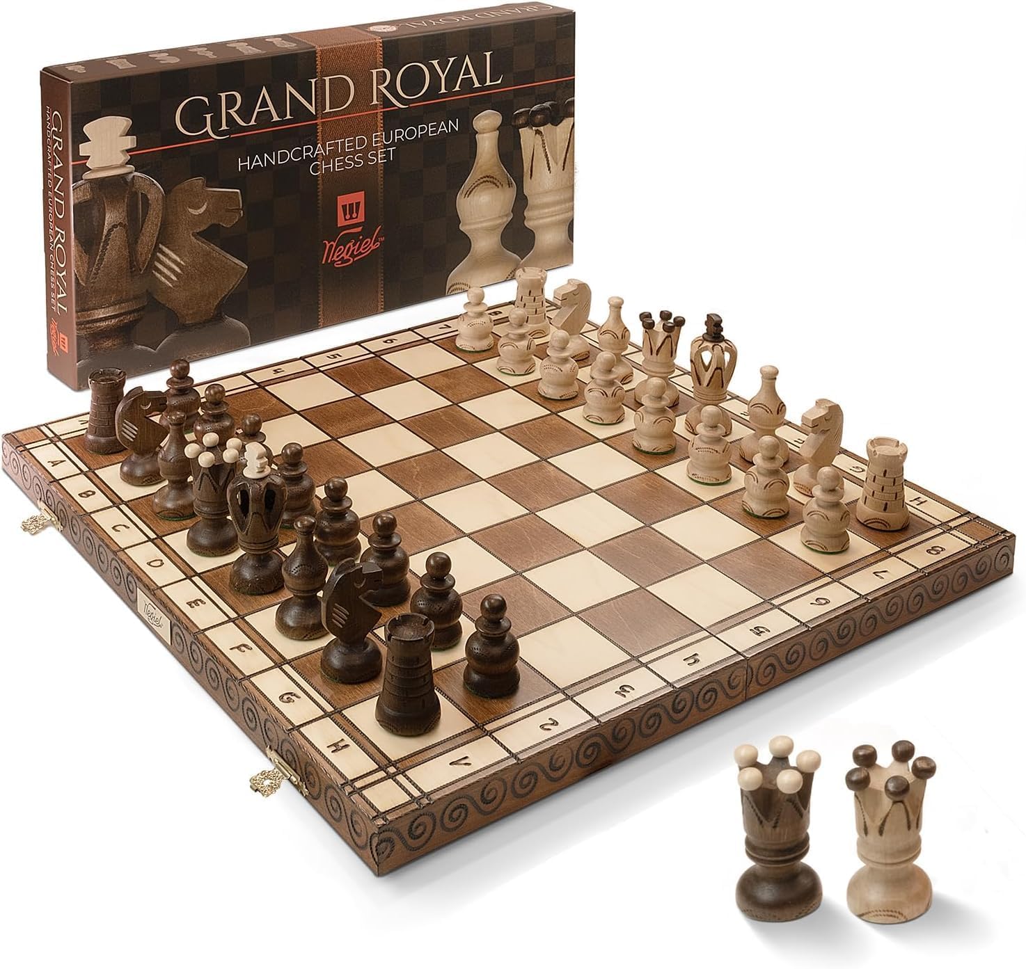 Handmade European Wooden Chess Set with Wood Chess Pieces – Decorative Box with Storage Tray – Rustic Classic Board Game (Grand Royal)