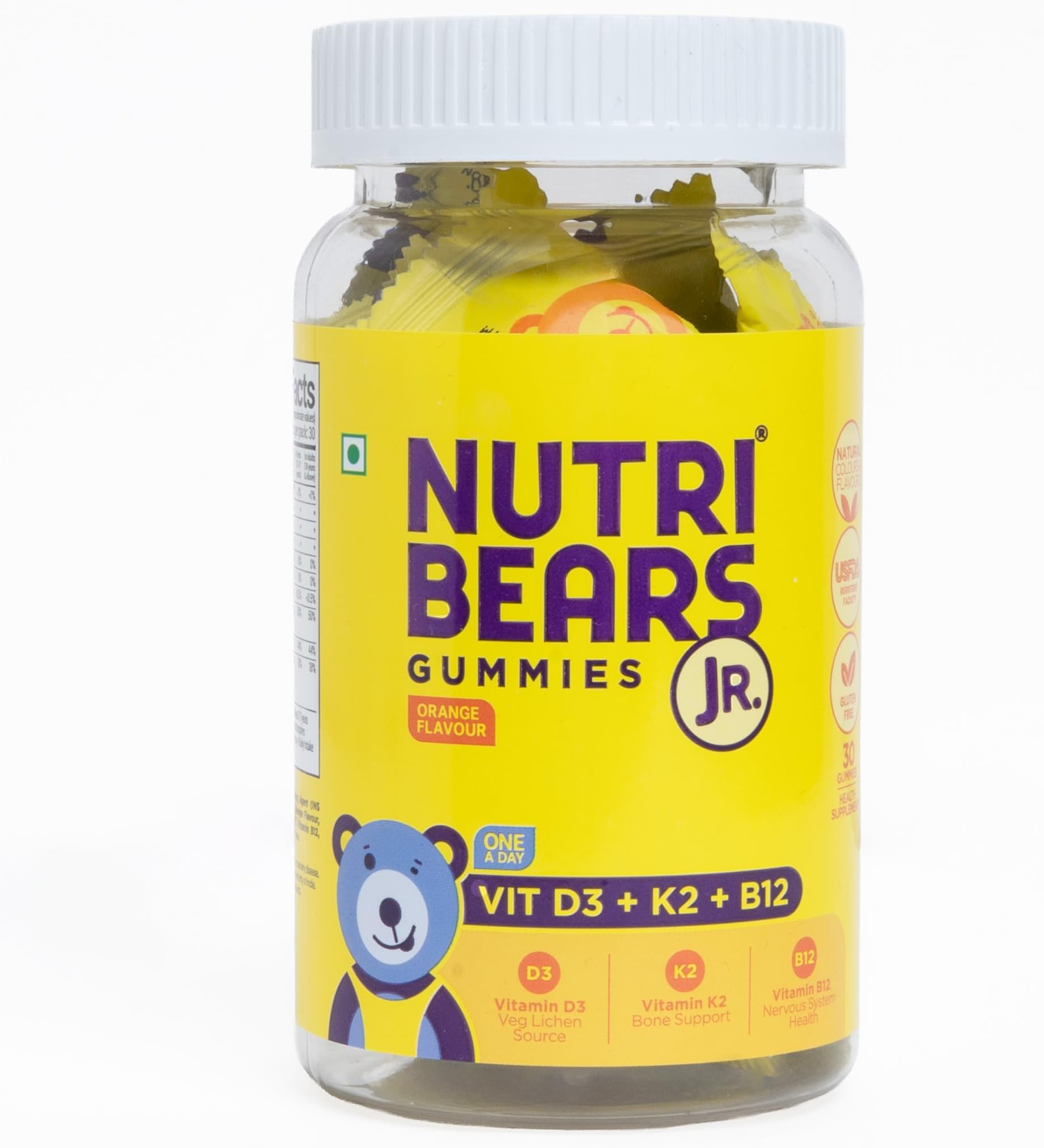 Kids Vitamin D3 + K2 + B12 Gummies | Plant-Based Lichen D3 + MenaquinGoldโข K2 (MK-7) | No Artificial Colours | Bones, Immunity & Mood | Vegetarian | Ages 2โ12 | Orange | 30 Gummies