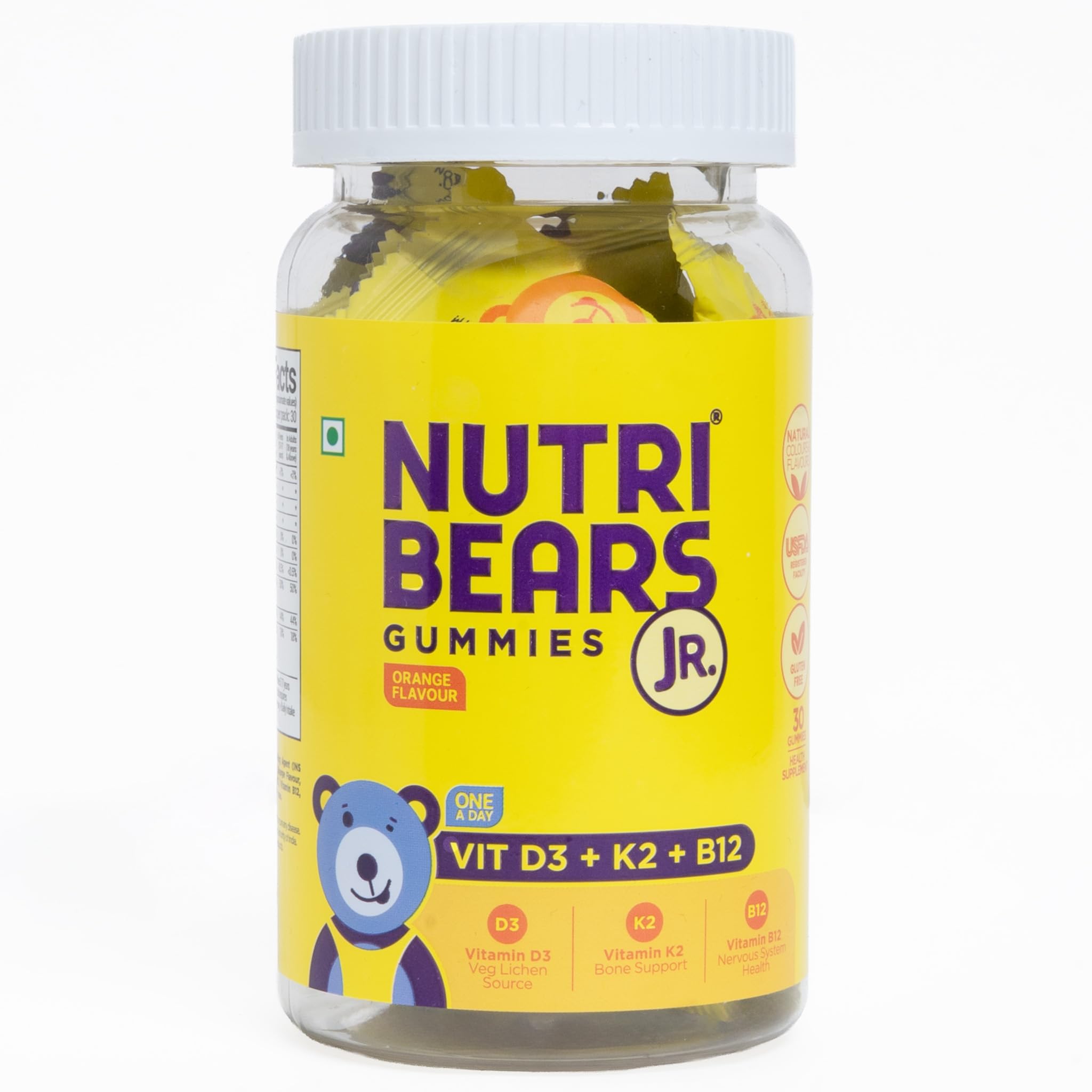 NutriBears Vitamin D3, K2 & B12 Gummies for Kids & Teens, 30 Gummies - Supports Bone Strength, Immunity & Growth, Plant-Based D3 with Natural K2 (MK-7), 100% Vegetarian, Orange Flavour