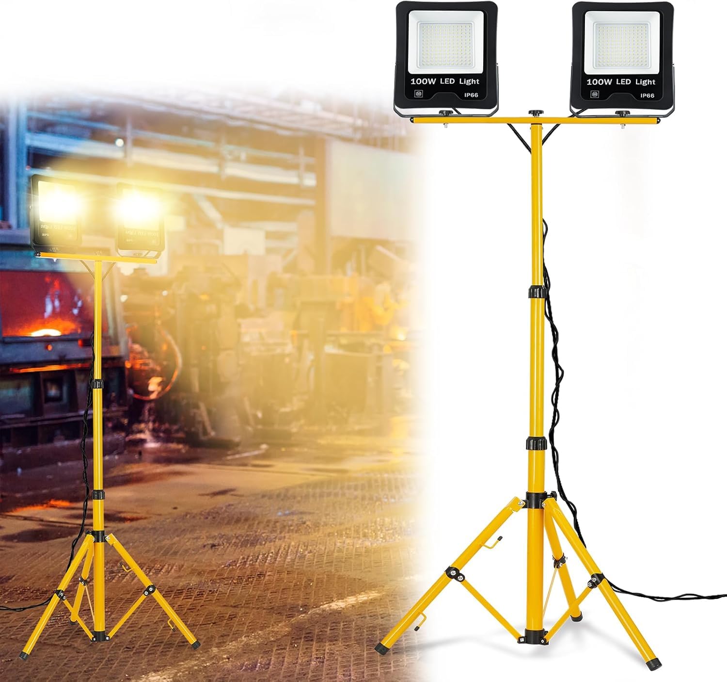 FIVMEN - Faretto LED da 2x100W, 8500 lm, con treppiede regolabile e cavo da 3 m, impermeabile IP66, per officina, cantiere, garage, luce bianca calda