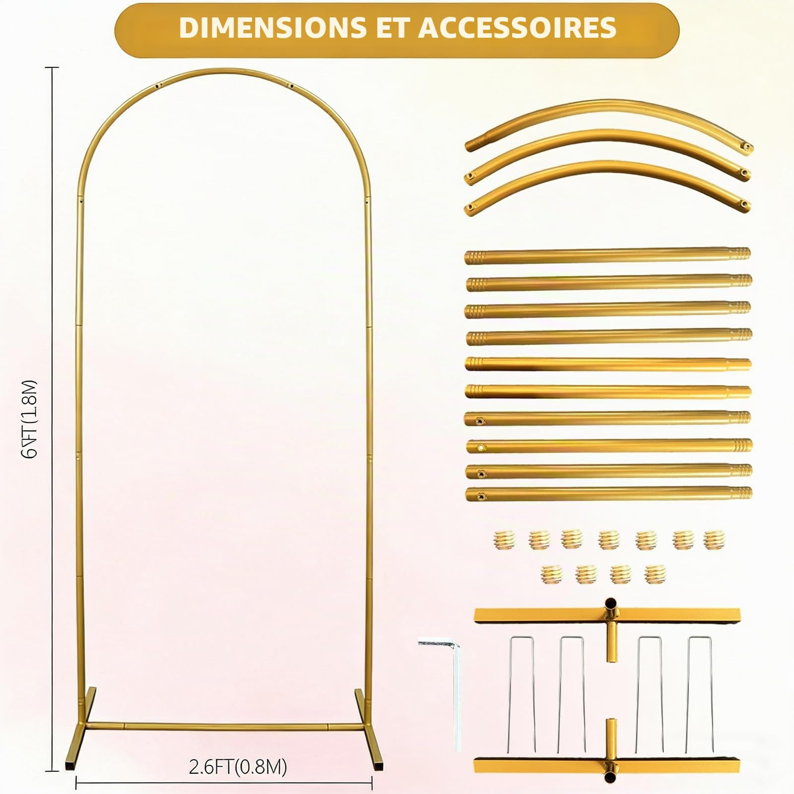 Arche de fond de mariage en métal de 1,8 m, support d'arche de ballons pour anniversaire, mariage, remise de diplôme, fête, anniversaire de mariage, décoration de fond de studio, doré