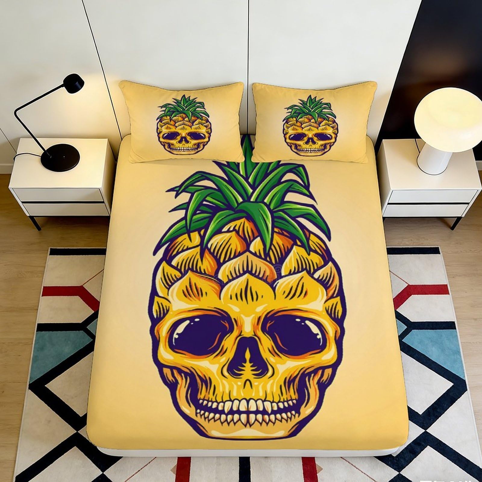 3D Printed Pineapple Skull Fitted Sheet Microfiber Durable Breathable Skull Pattern Bed Cover for Bedroom Dormitory Guest Room Mattress Protection 200x200x25cm
