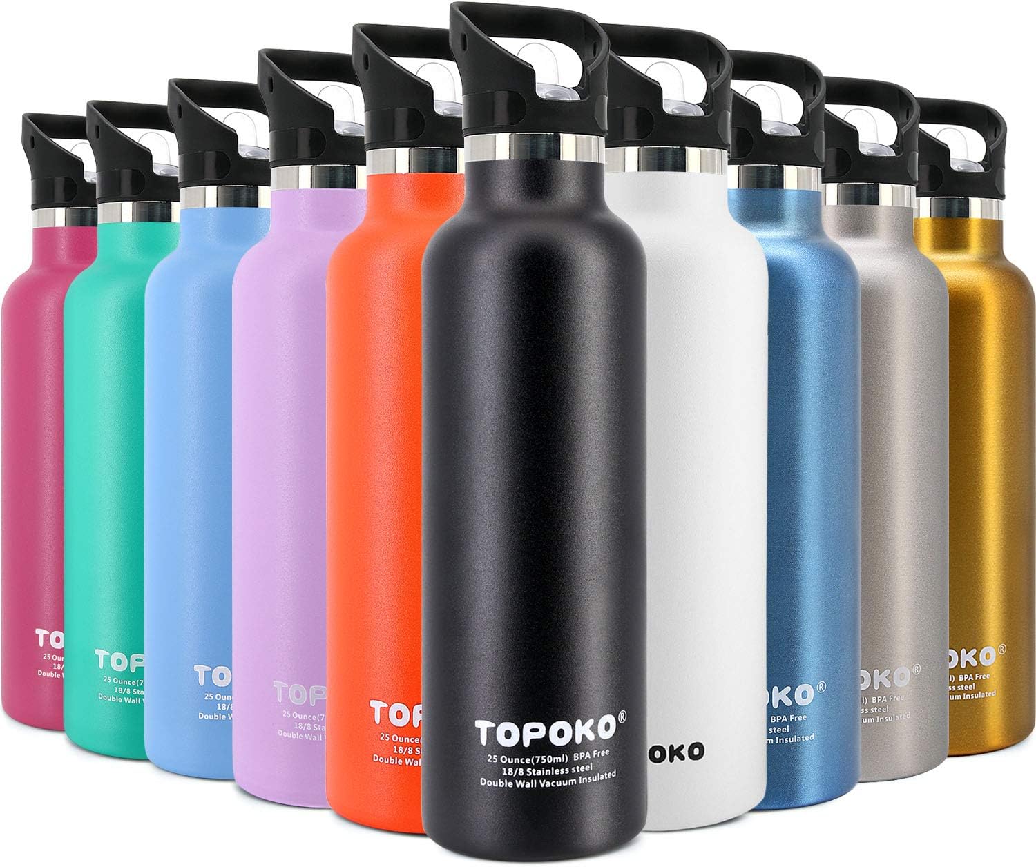TOPOKO 25 OZ Double Wall Stainless Steel Water Bottle, Straw Lid with Handle, Vacuum Insulated, Sweat Proof, Leak Proof Travel Mug Sports Bottle, Keep Warm or Cold Up to 24 Hours.(Piano Black)