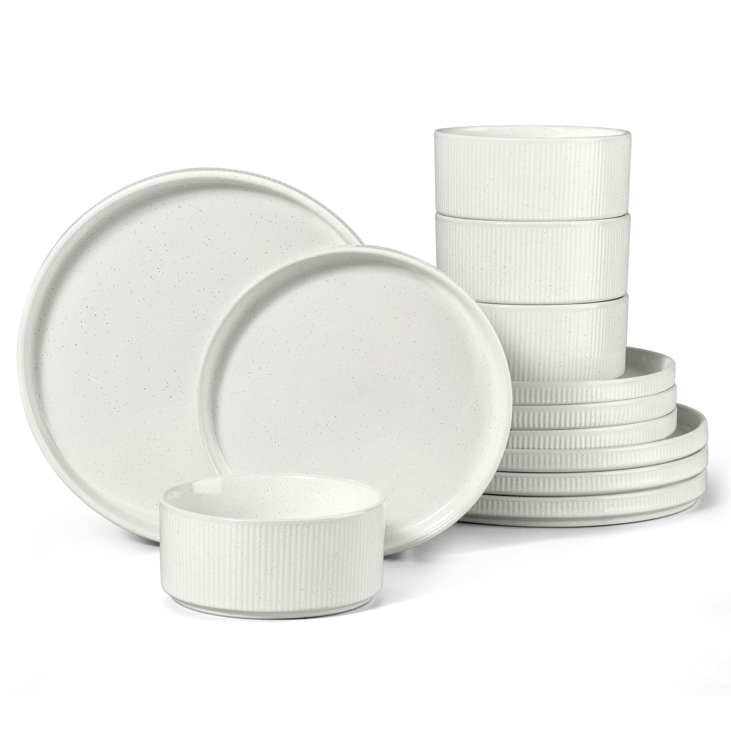 HaWare Dinner Set, 12 PCS Stoneware Plates and Bowls Set, Speckled White