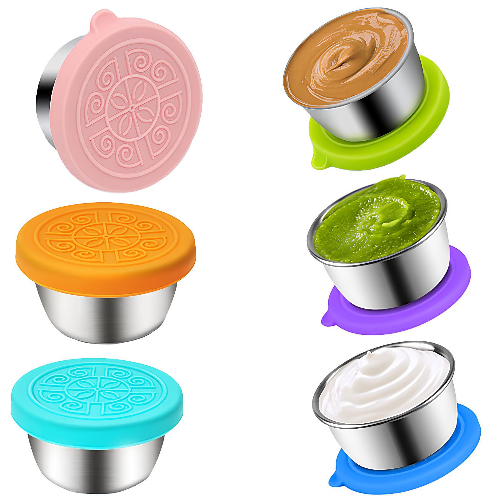 QUEXLAI Set of 6 Salad Dressing Containers, 50 ml Sauce Container, Small Stainless Steel Spice Container, Dip Bowl Set, Food Container in the Shape of Mini Tin with Lid for Snack, Dips, Salad and