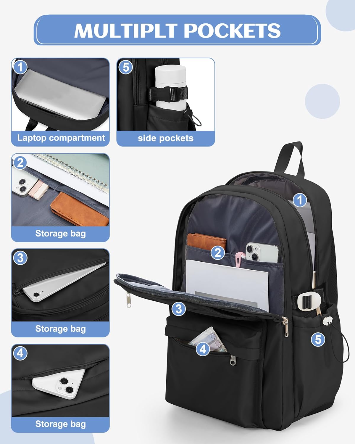 Black School Backpack for Teen Girls Lightweight College Backpack Women Travel Backpacks Waterproof High School Bookbag for Men Classic Casual Daypacks - Image 4