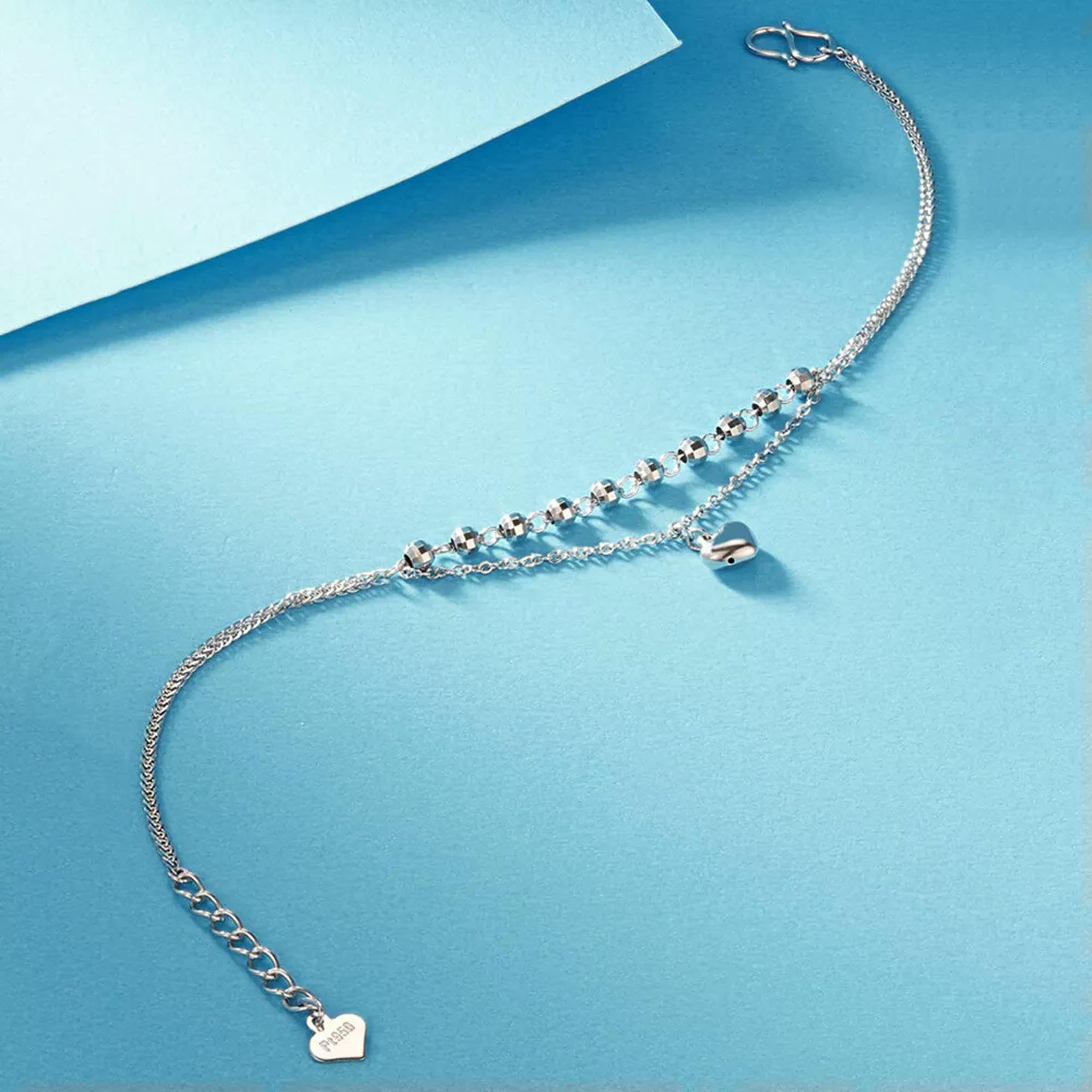 Pulsera con Dije de corazón de la Suerte para Mujer en Platino 950 auténtico con Cadena de espigas de Trigo Pt950