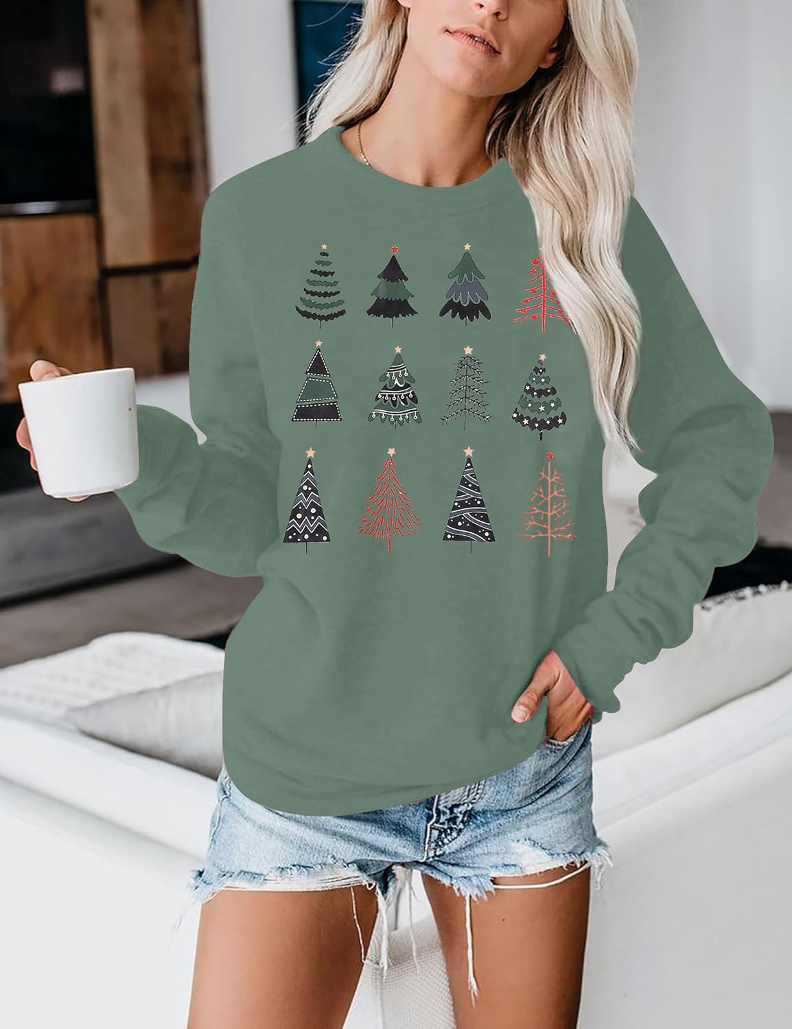 ASTANFY Christmas Sweatshirt Womens Christmas Tree Sweatshirts Xmas Lightweight Pullover - Image 3