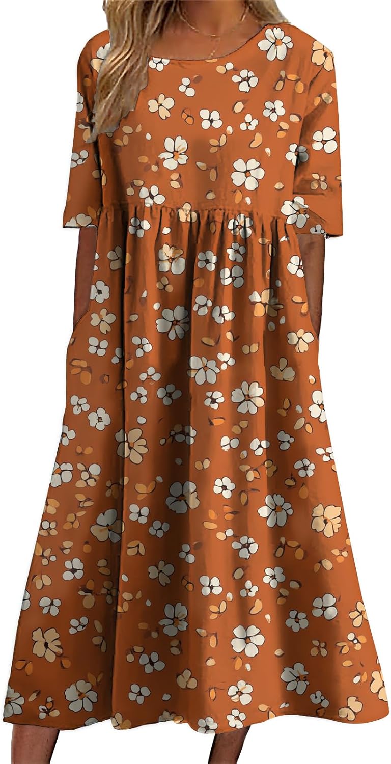 Dress for Maternity Women Vintage Boho Stylish Floral Graphic Short Sleeve Summer Beach Maxi Dress with Pockets