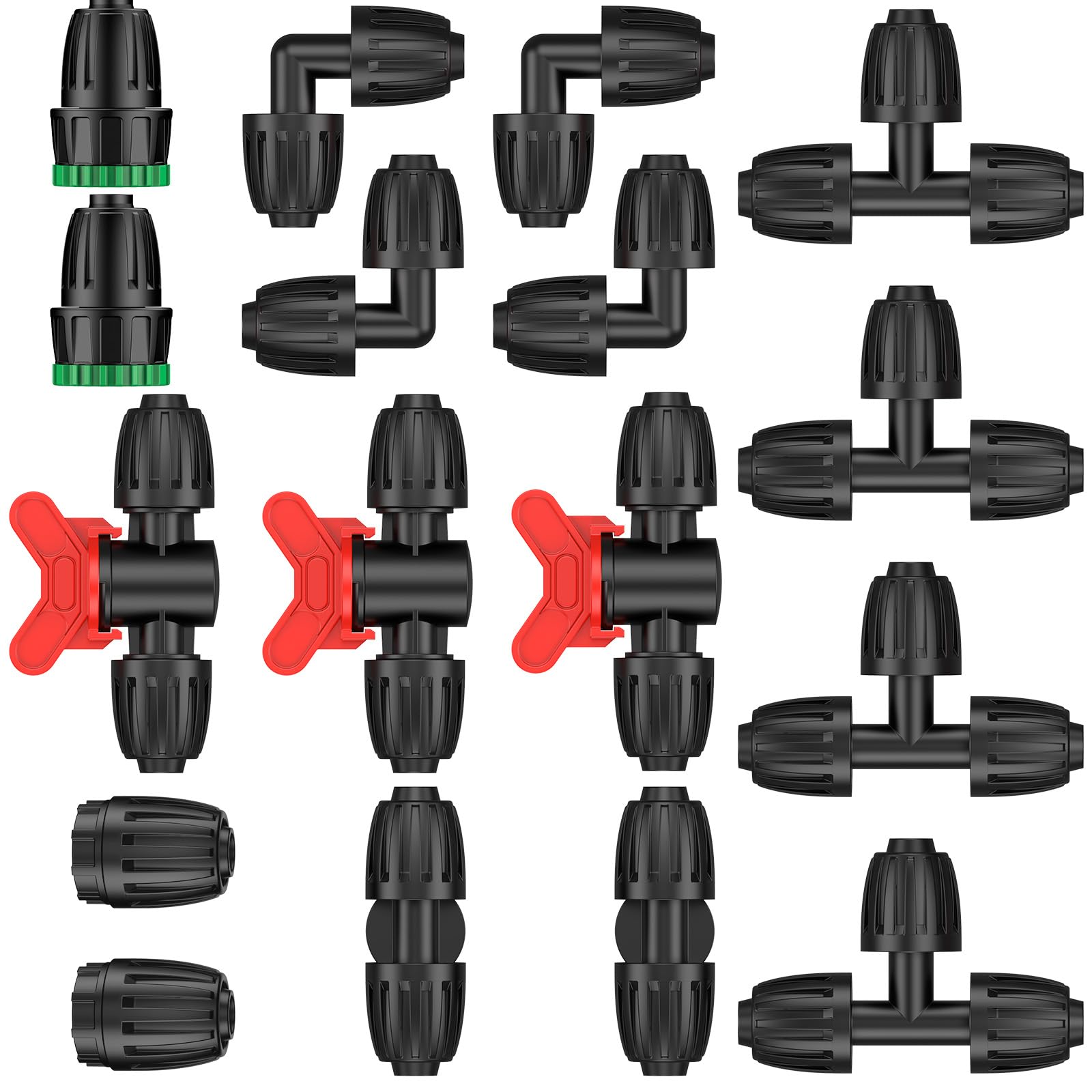 Pawfly 17 Pcs Drip Irrigation Fittings Kit for 13-13.7 mm Tubing, Barbed Drip Line Connectors with 4 Tees, 2 Standard Couplings, 3 Flow-Control Couplings, 4 Elbows, 2 Faucet Adapters & 2 End Caps