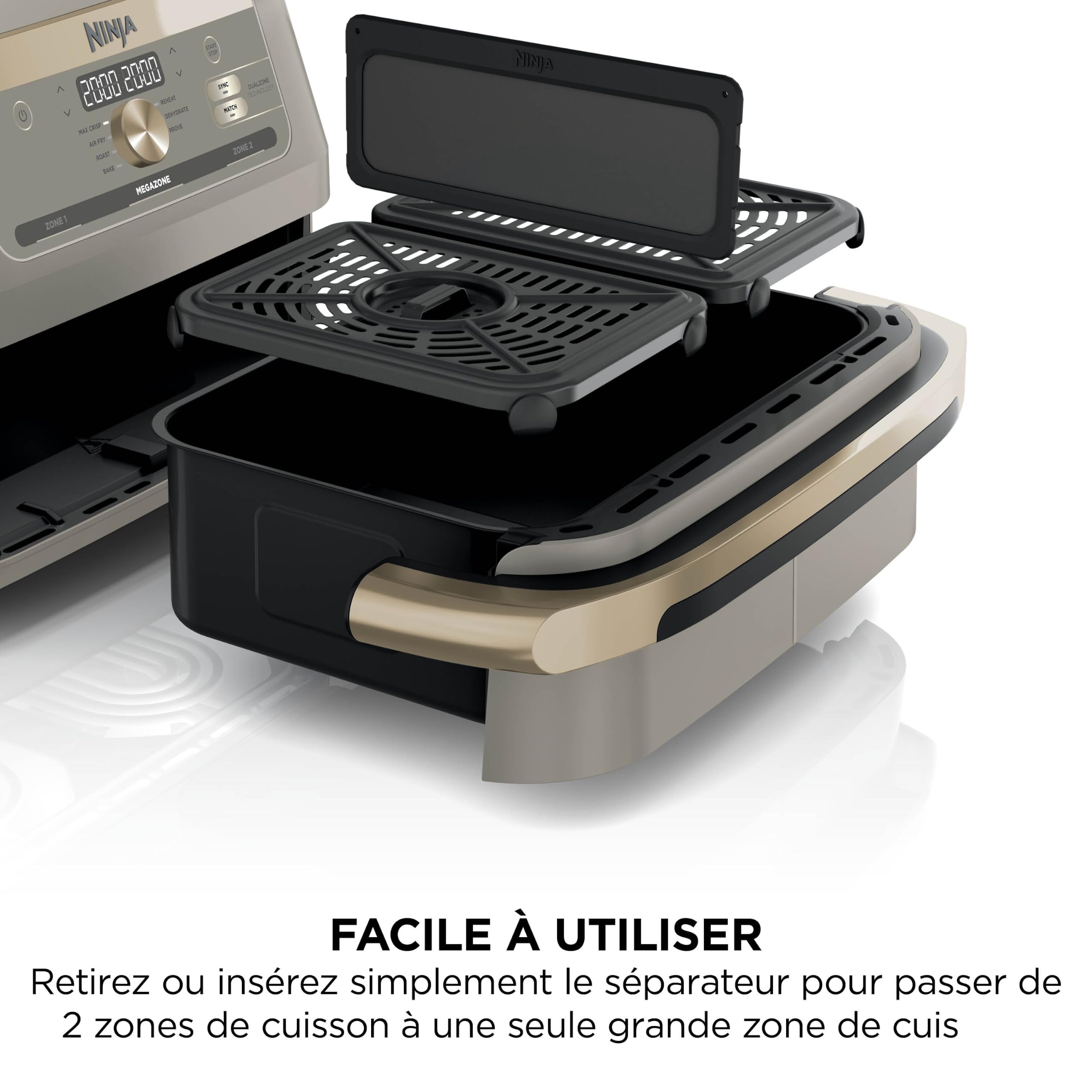Ninja Foodi FlexDrawer Air Fryer, Dual Zone Avec Séparateur Amovible, Grand Tiroir de 10.4 L, 7-en-1, Double Zone, Sans Huile, Pièces Antiadhésives Compatibles Au Lave-Vaisselle, Stone/Or AF500EUSD