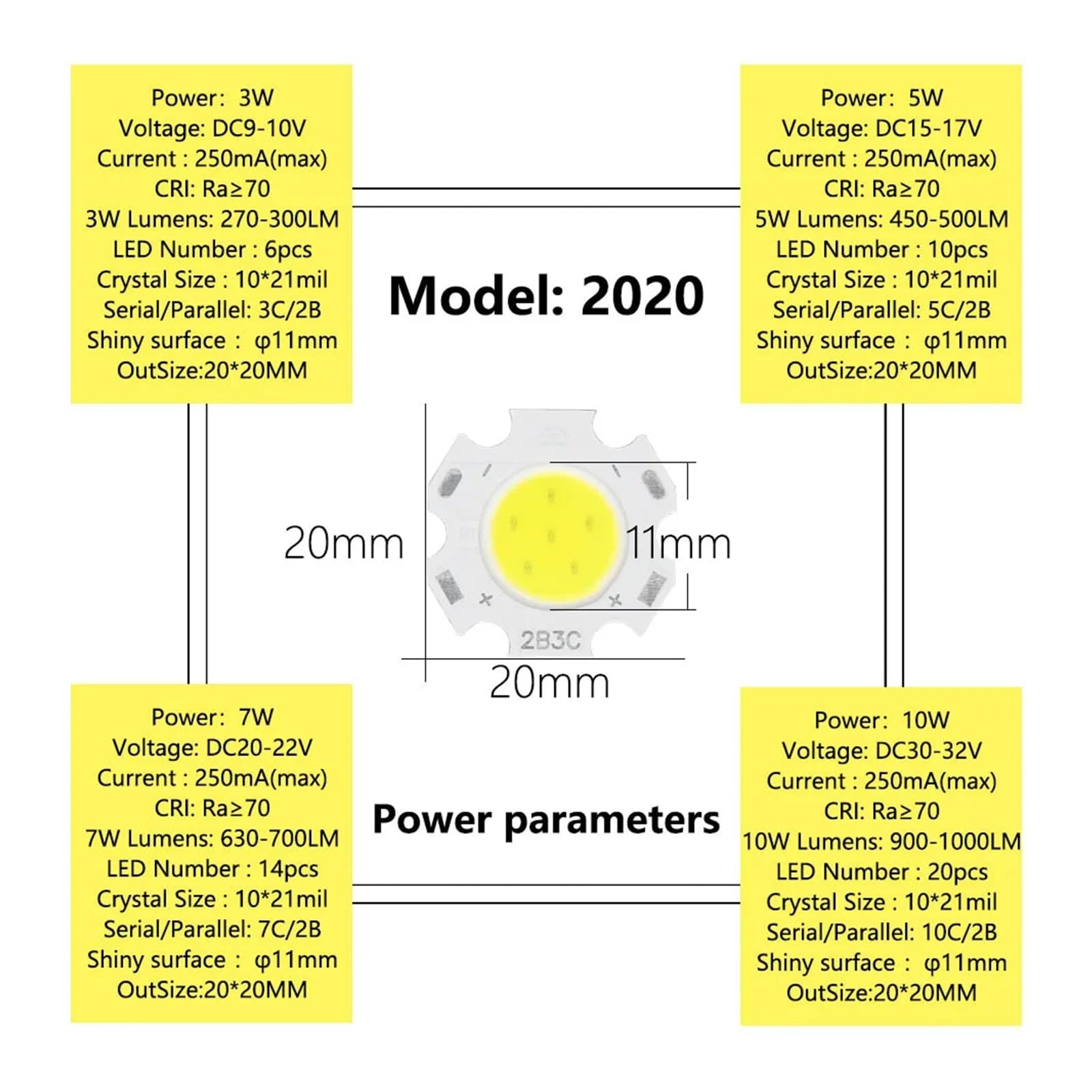 Lote de 10 bombillas LED COB de alta potencia de 3 W, 5 W, 7 W, 10 W y 250 mA for linternas, focos y luces empotradas.(White,10W DC30-32V)