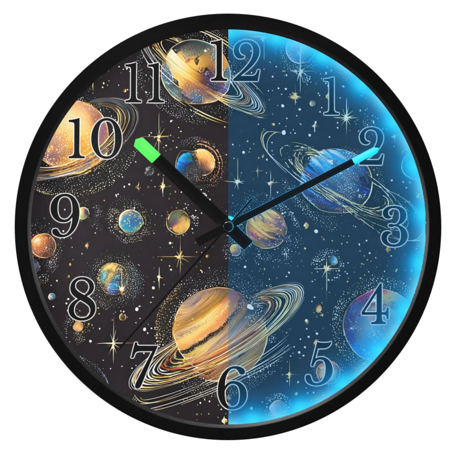 Mnsruu Reloj de pared luminoso, planetas coloridos, reloj de pared que brilla en la oscuridad, funciona con pilas, 12 pulgadas, silencioso, sin tictac, luz nocturna para dormitorio