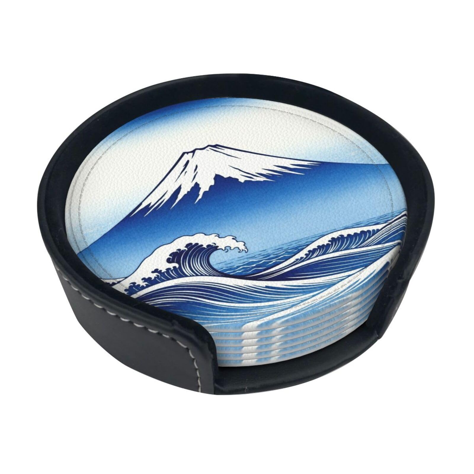 Fuji Wave Ocean Leather Coasters-Set of 6 with Storage Holder