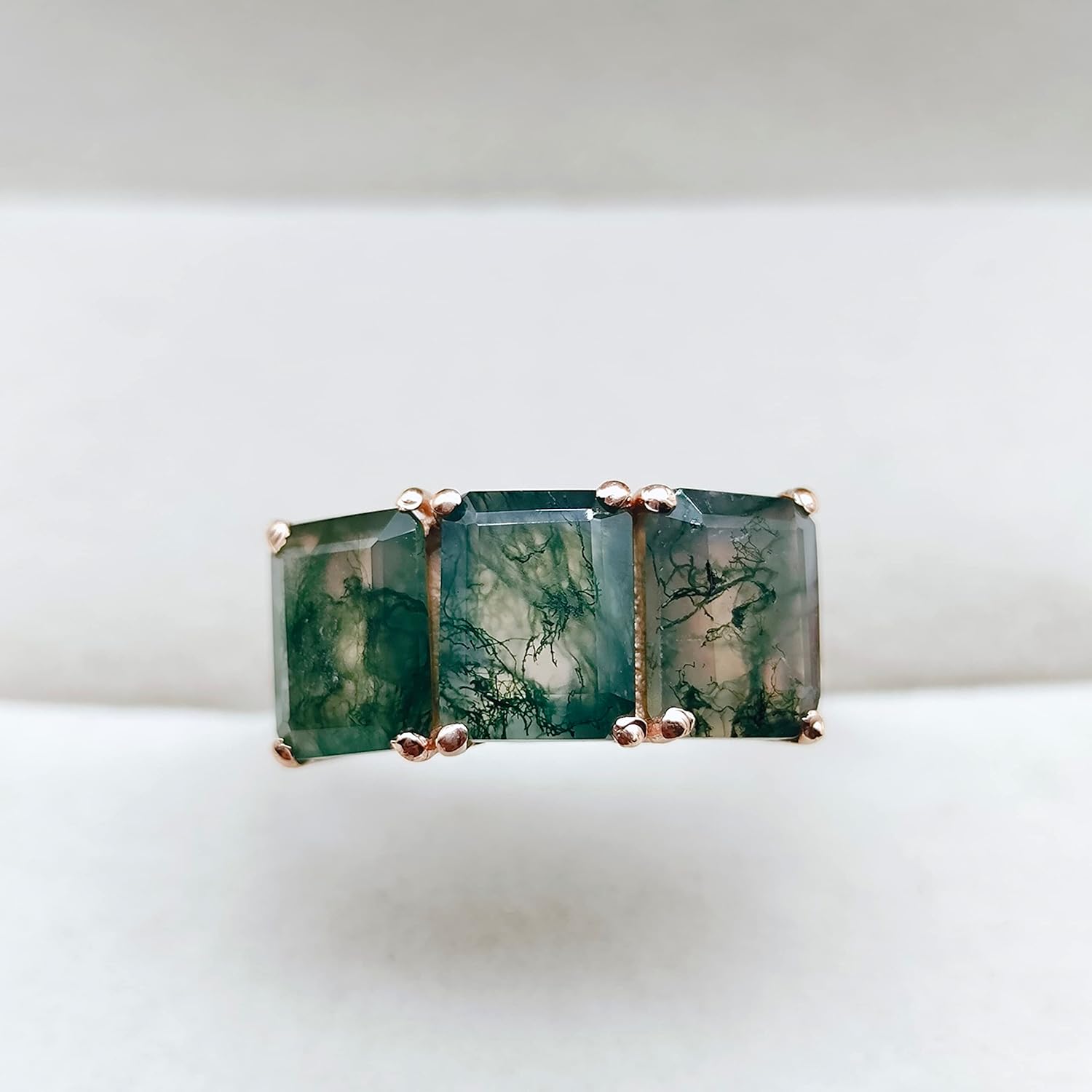 Emerald Cut Natural Moss Agate Ring Octagon Cut Agate Sterling Silver Ring Delicate Rose Gold Plated Three Stone Ring Promise Anniversary Ring for Women Christmas Gift By Forever Gems & Jewels