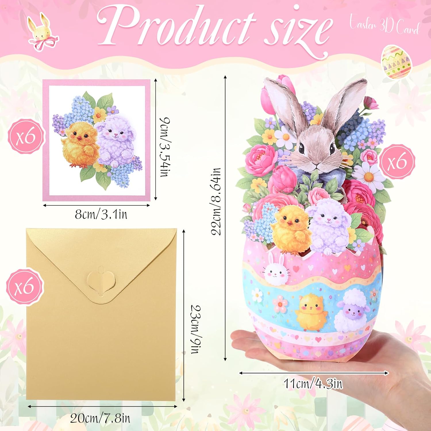 Eaasty 6 Set Easter Paper Pop up Cards 3D Happy Easter Bunny Egg Greeting Card with Envelopes and Note Cards Centerpiece Table Decorations 8.7inch Spring Festive Gift for Kids Children Family Friends