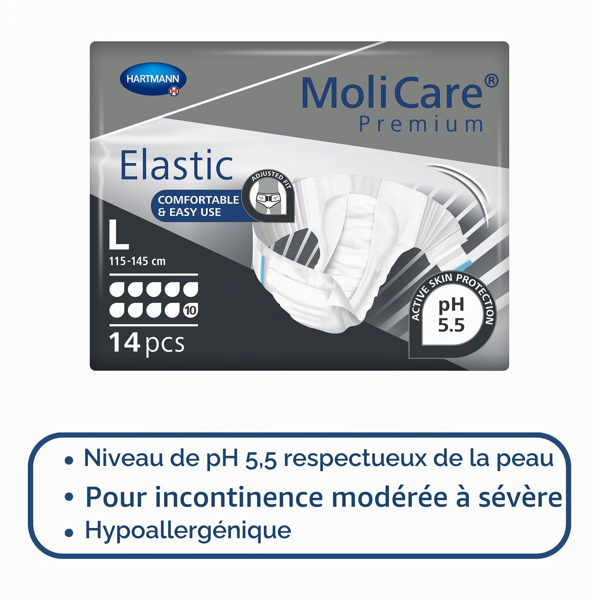MoliCare Premium Elastic Slip : pour incontinence très sévère pour femmes et hommes ; 10 gouttes, taille L, (tour de taille 115-145 cm), 4x14 pièces