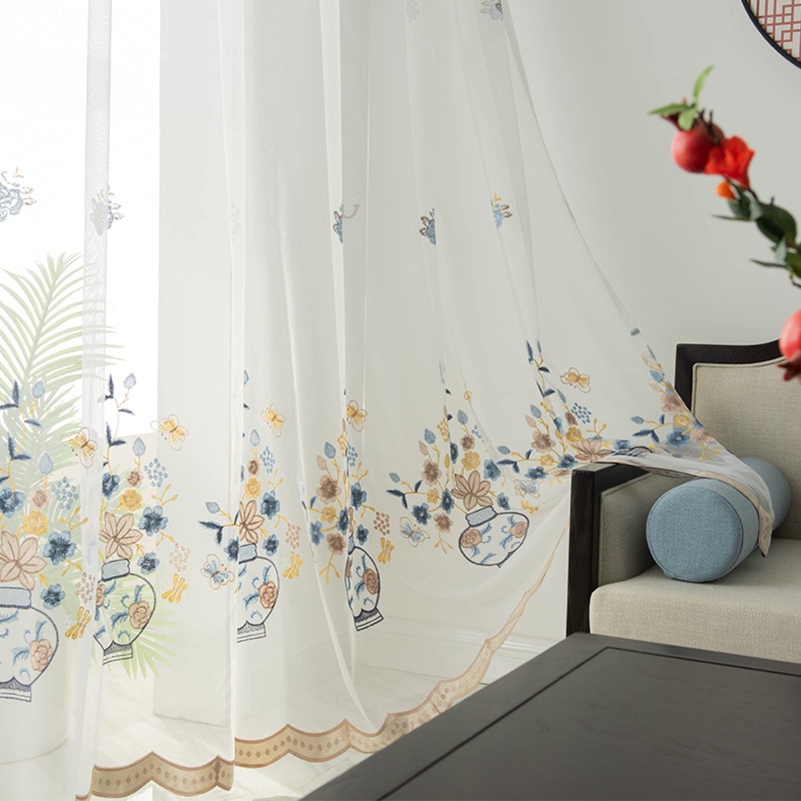 2 Piezas Cortinas Salon Modernas Visillos Poliéster Visillo semitraslúcido con Ollaos para Casa Decoracion Dormitorio, Salón o Habitación - 229 x 274cm(An x Al) florero Azul