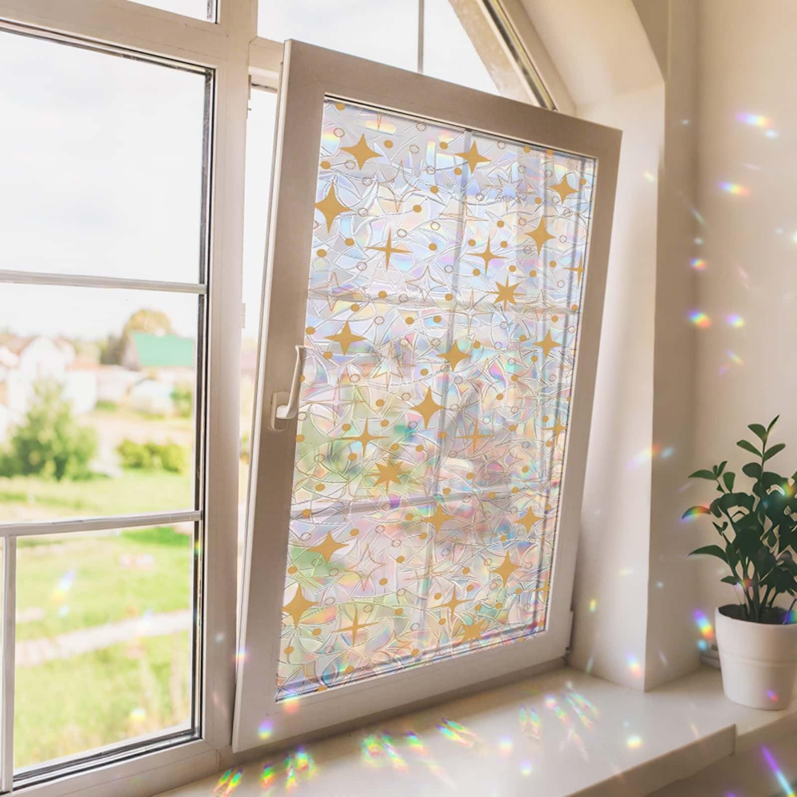 Window Film Privacy 43x100cm Yellow Star Privacy Film for Glass Windows Office Kitchen Living Room Bathroom Opaque Reusable Window Stickers for Glass