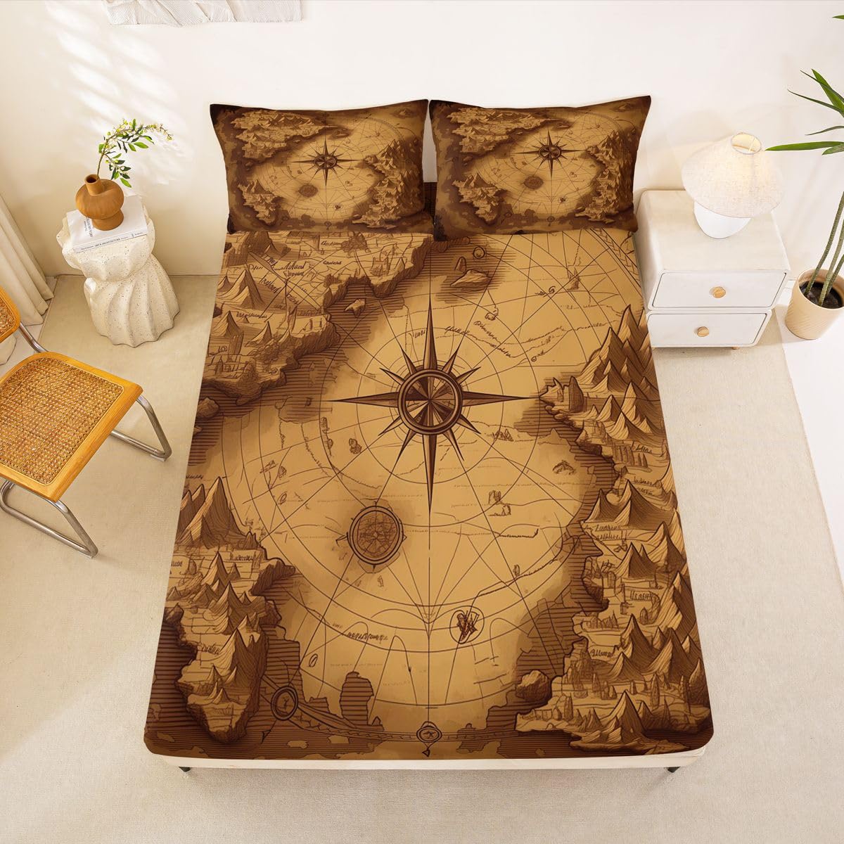 Manfei Juego de sábanas bajeras con diseño de brújula, tamaño King, mapa náutico, 3 piezas, sábanas de aventura oceánica con 2 fundas de almohada, decoración de habitación infantil y niña, ropa de