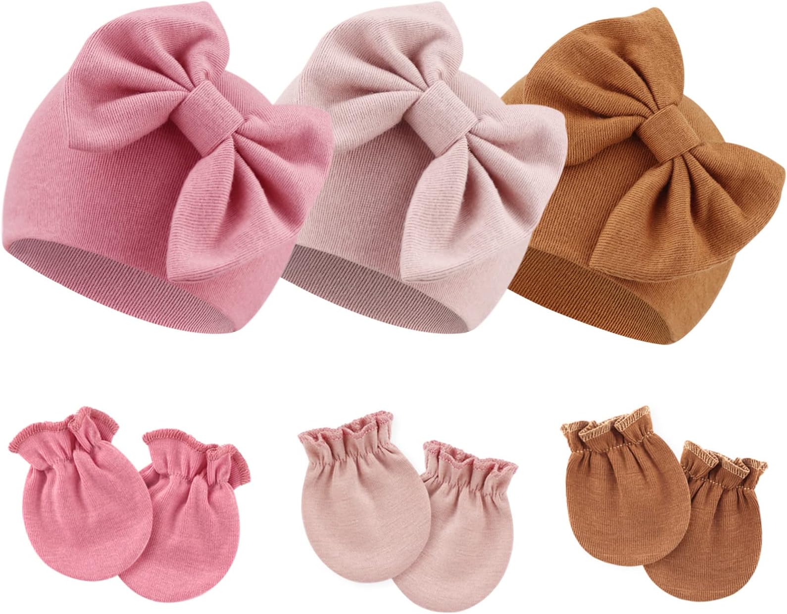 DRESHOWNewborn Baby Hats Mittens Set Hospital Hat Beanie Infant Bow Hats Baby Cotton Gloves No Scratch Mittens for 0-6 Months