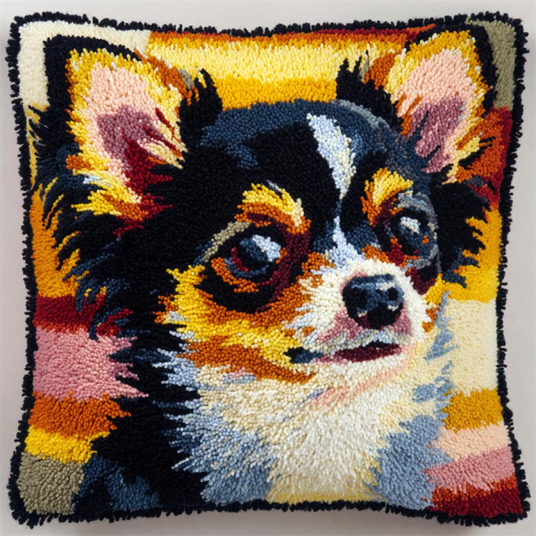 Kitquiver Animal Latch Hook Cushion Set Cartoon Chihuahua DIY Tapestry Throw Pillow Cover Needlepoint Cushion Kits for Home Décor Needlework Kit for Beginners 17x17In