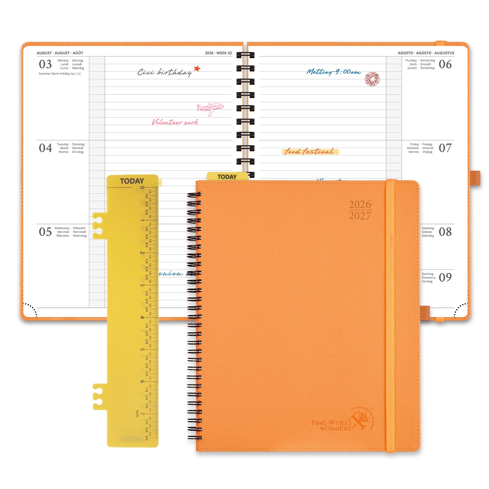 POPRUN 2026-2027 Academic Diary Week to View Large (26.5x21.5 cm) Soft Cover Spiral Horizontal Weekly Planner 17 Months (Aug'26 - Dec'27) Mid Year 26/27(Orange)