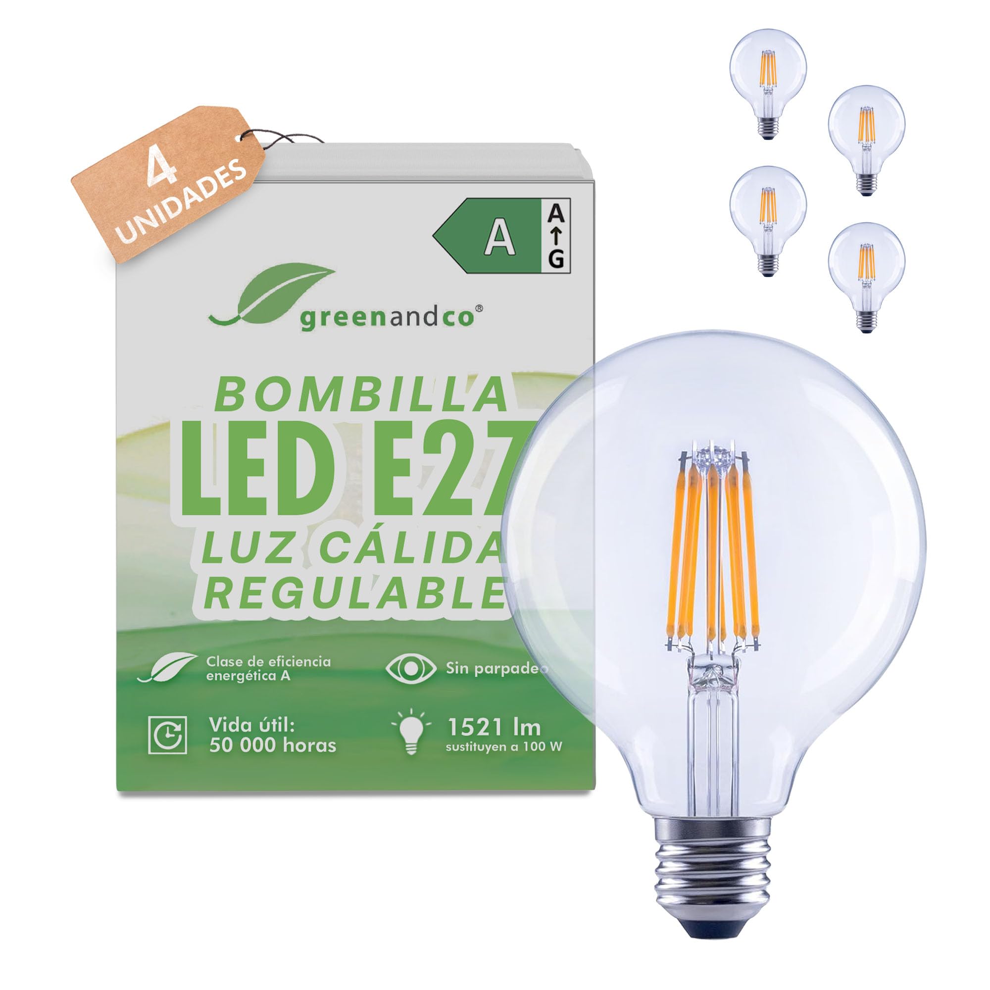 greenandco 4x bombilla de filamento LED | transparente | regulable | E27 G95 | 7,2W 1521lm | sustituye 100W | 3000K blanco cálido | 320° | 230V | sin parpadeo | Clase de eficiencia energética A