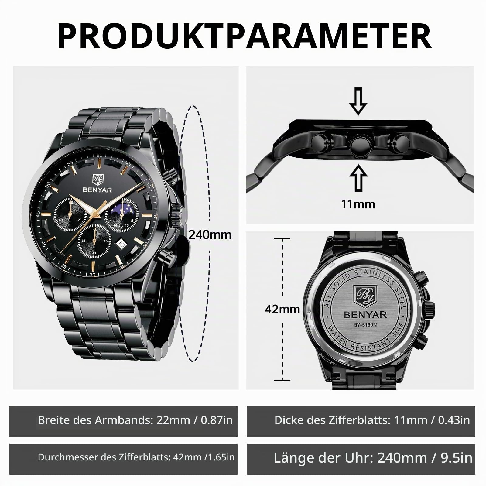BENYAR BY Uhren Herren Chronograph Analog Quarz Wasserdicht Datum Armbanduhr Herren Mode Business-Kleid Herrenuhr Elegantes Geschenk fur Männer