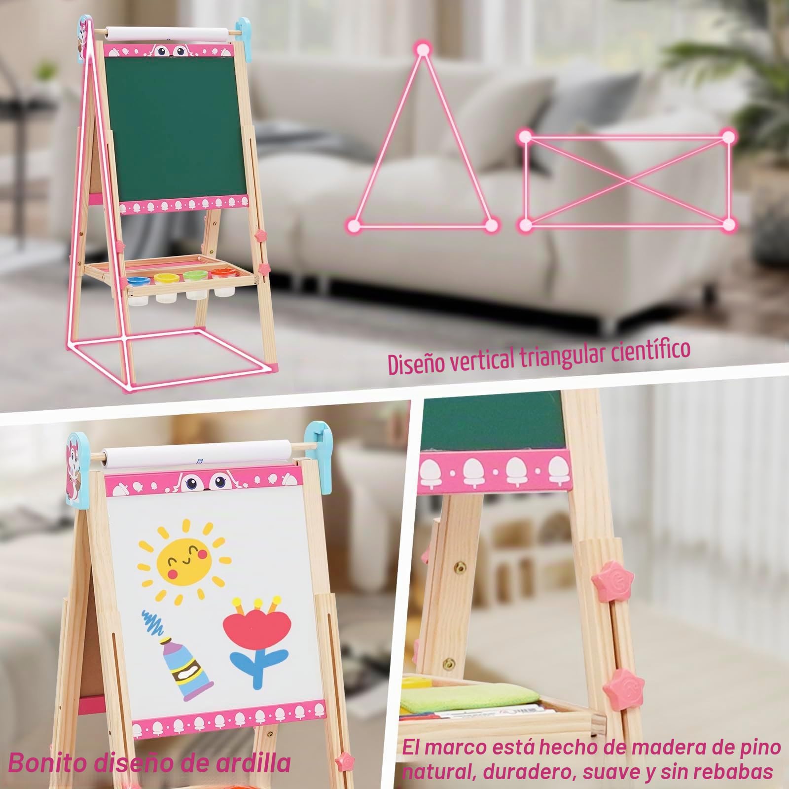 Caballete Infantil 3 en 1 Pizarra de Dibujo de Doble Cara de Madera Plegable con Rollo de Papel, Pizarra Blanca y Pizarra Caballete de Arte de Altura Ajustable 95-125cm Todo en Uno con 100+ Accesorios