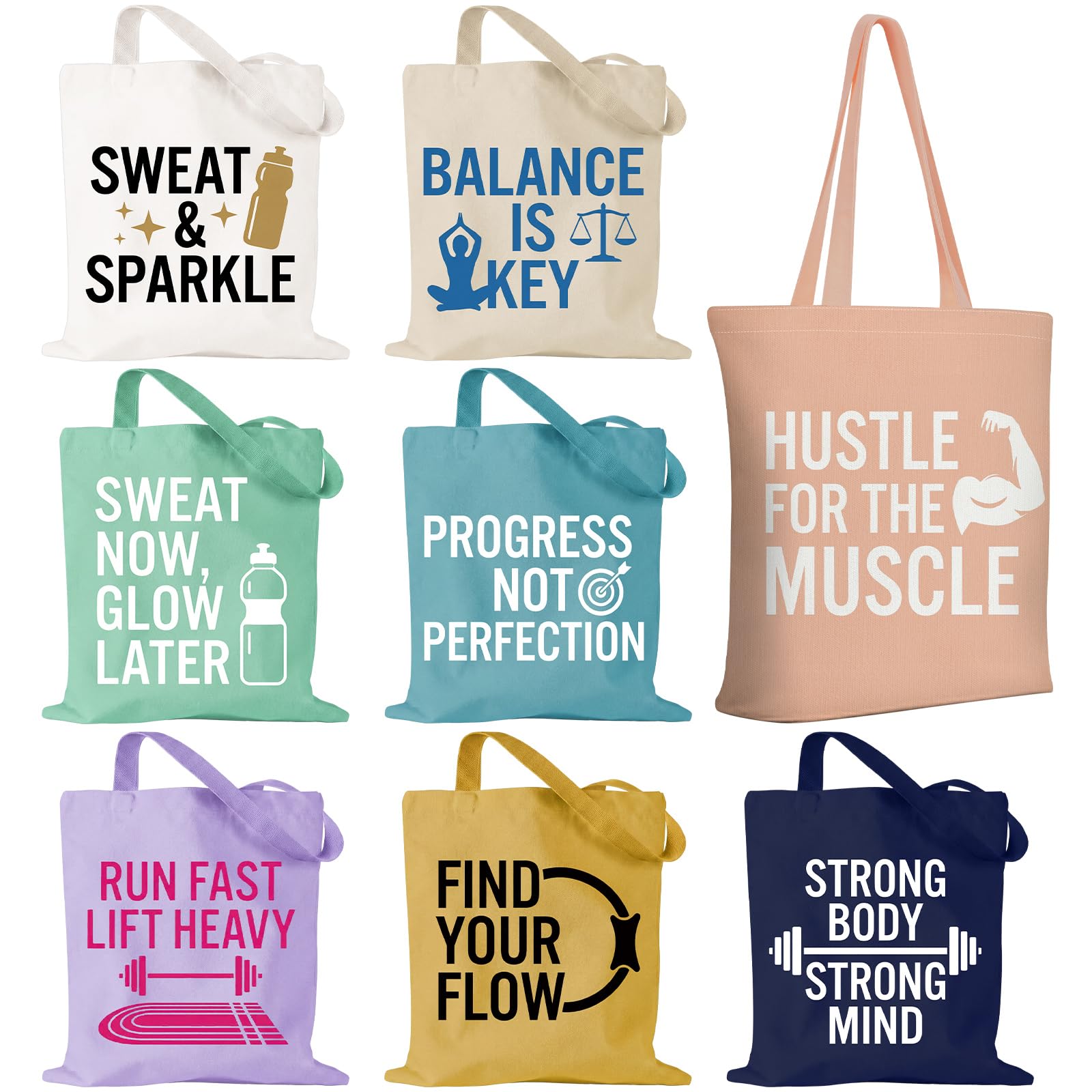 Sanwuta 8 Pcs Fitness Canvas Tote Bags for Women Workout Funny Reusable Shopping Bag with Zipper Inner Pocket Sports Lover Gym Gifts for Pilates Yoga Body Builder Bodybuilding Lovers Everyday Carry