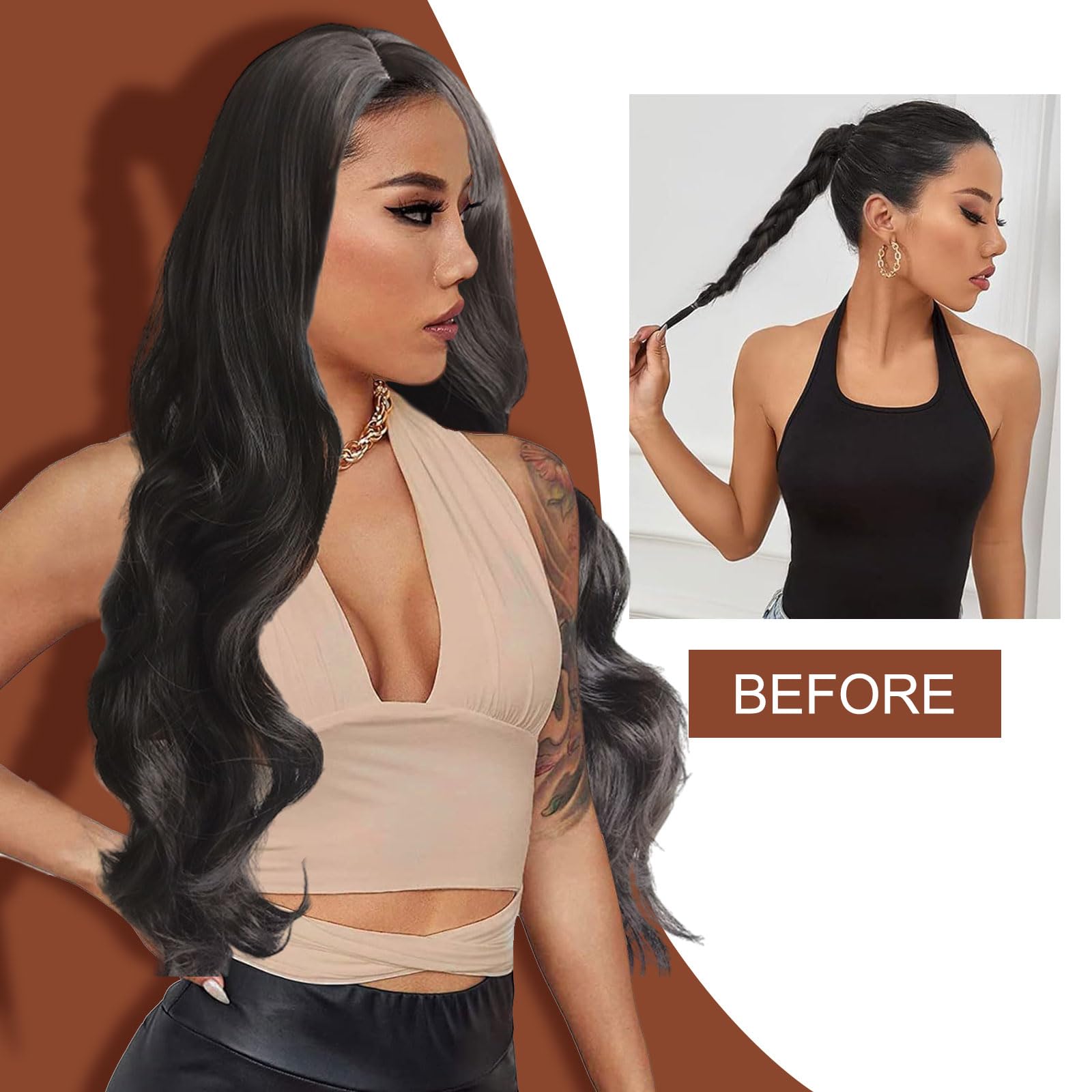 TSHAOUN Long Curly Wigs Black 28 Inch/70cm Charming Women Long Wave Curly Oblique Bangs Wig - Image 4
