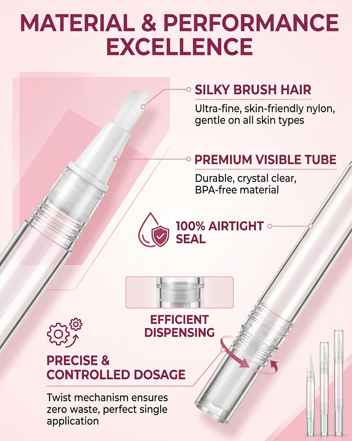 TISCH Penne Applicatore Ricaricabili 9pz, Trasparenti con Pennello (2ml, 3ml, 5ml, 3 pezzi ciascuno) per Olio Cuticole Unghie, Siero, Fondotinta e Gloss Labbra
