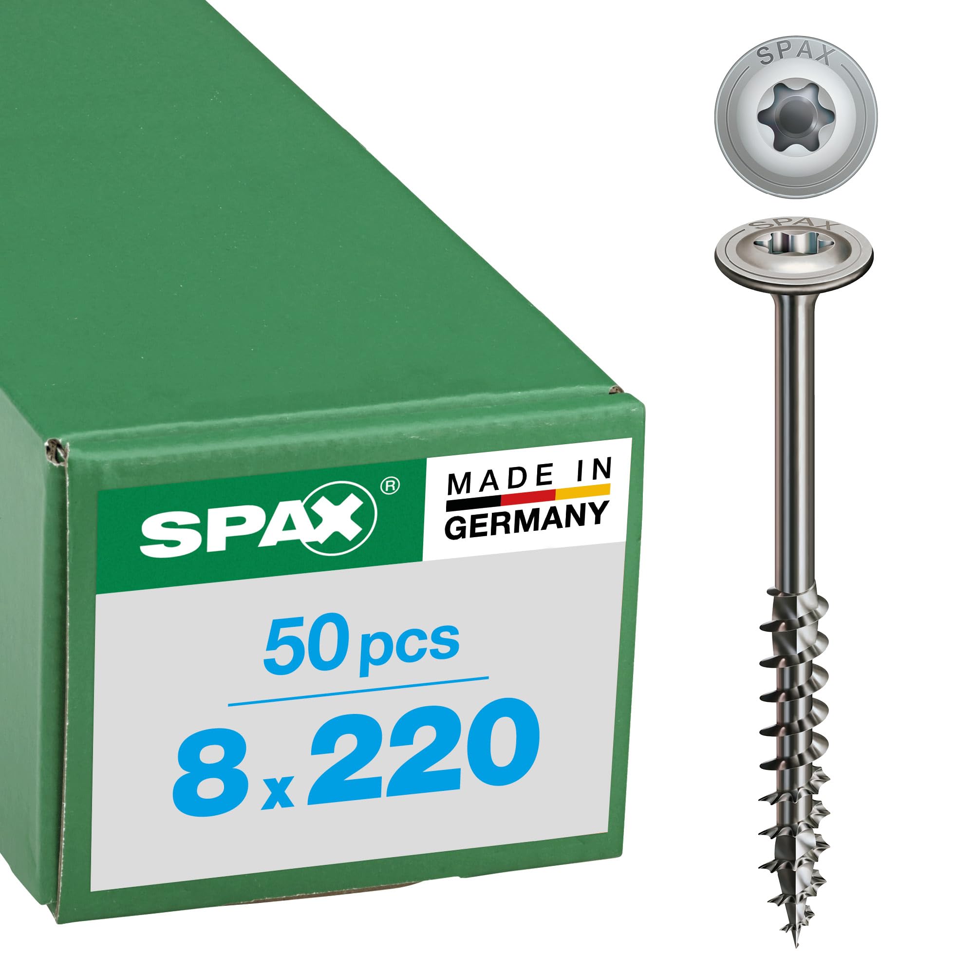HI.FORCE, 8 x 220 mm, 50 Stück, Teilgewinde, Tellerkopf, T-STAR plus T40, 4CUT, Edelstahl rostfrei A2-0257000802205