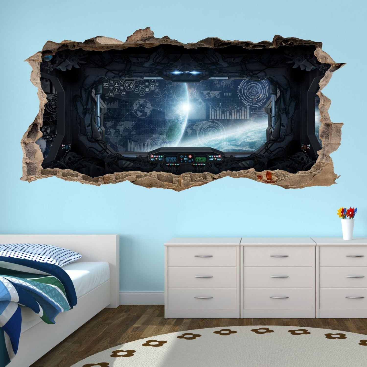 nikima 058 - Adesivo da parete con nave spaziale – Foro nella parete – cameretta dei bambini adolescenti stazione spaziale – in 6 misure – Adesivo da parete per cameretta bambini dimensioni 1750 x