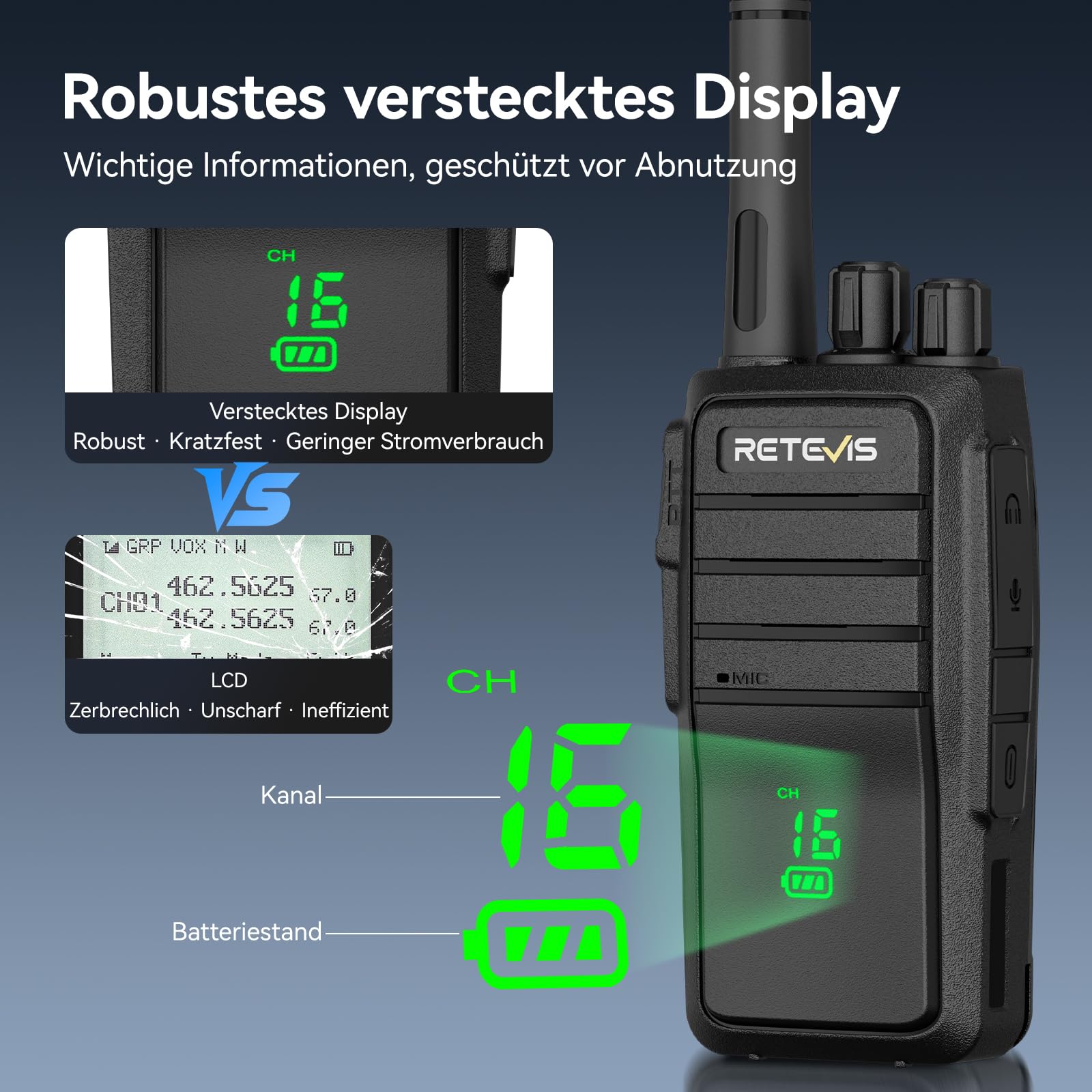 Retevis RT21H Walkie Talkie, IP54 Resistente all'Acqua Radio Bidirezionale Schermo Robusto e Invisibile Ricarica USB-C PMR446 Walkie Talkie a Lungo rRaggio Facili da Usare per Fabbriche(4 Pezzi,Nero)