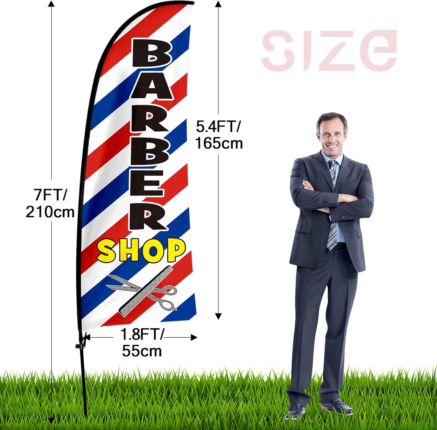 Barbershop Flag, 8FT Barbershop Signs for Business, Eye Catching Barber shop Flag with Complete Pole Kit and Ground Spike for Retail Store Outside Advertising (Barber)