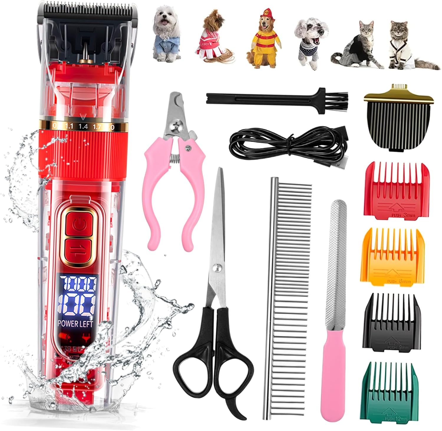 Mikikit 1Set Rechargeable Pet Grooming Clipper Kit Low Noise Cordless Dog Cat Clippers with LED Screen Washable Design Speeds for Easy Grooming