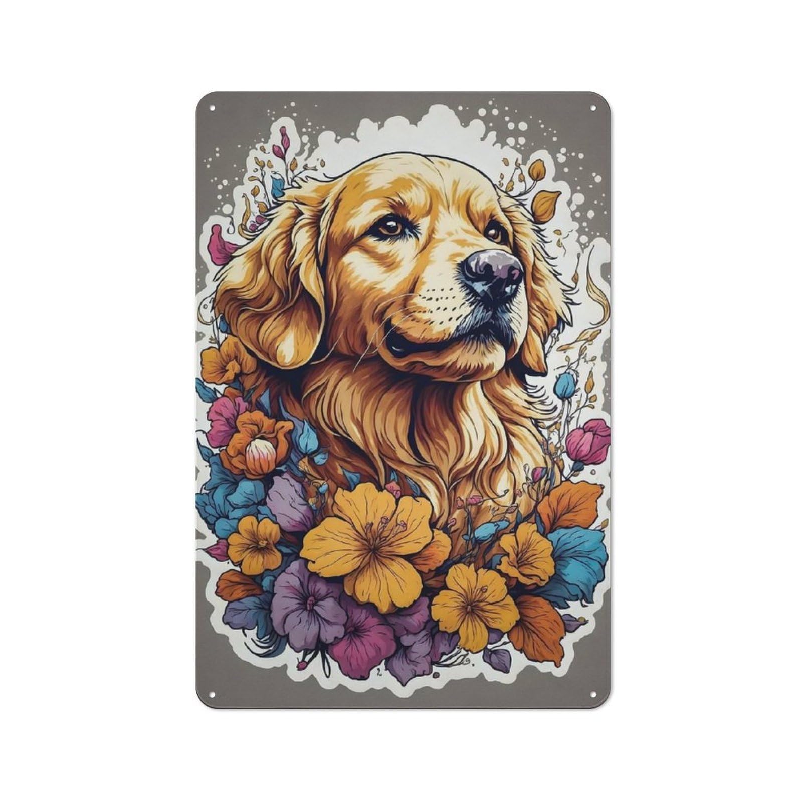 Junmoney Golden Retriever Flowers Rustic Tin Sign 30X20cm Featuring For Bar Or Restaurant, A Housewarming Gift For Bar Decor Enthusiasts